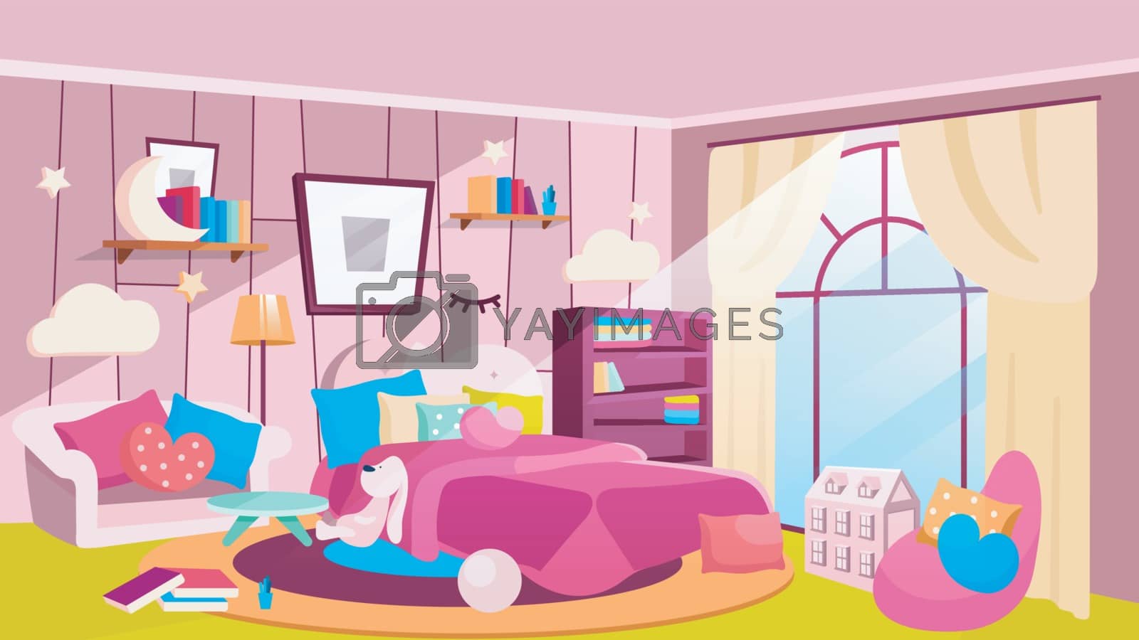 Royalty free image of Girls bedroom at daytime flat vector illustration. Spacious room with bed, bookshelves, picture on wall. Girlish house interior with pink sofa, armchair, blanket. Decorative cloud-shaped lamps by ntl