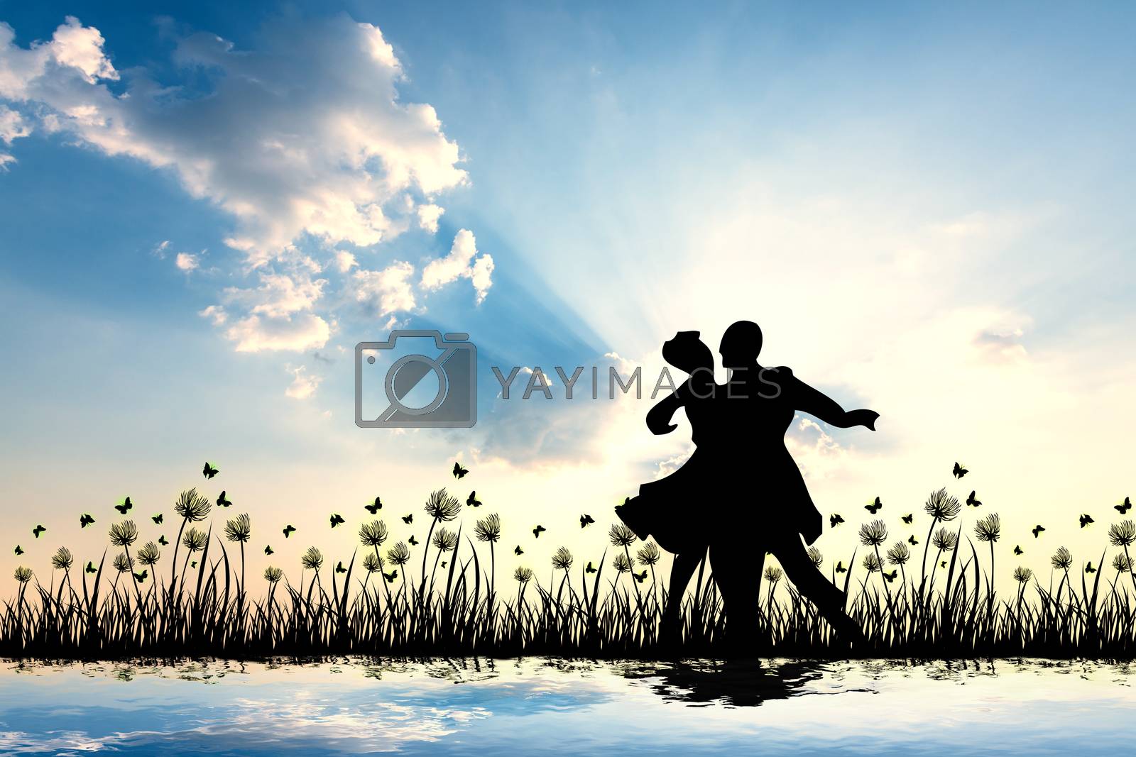 Royalty free image of Siluette lovers with sky reflecting water by Aukid