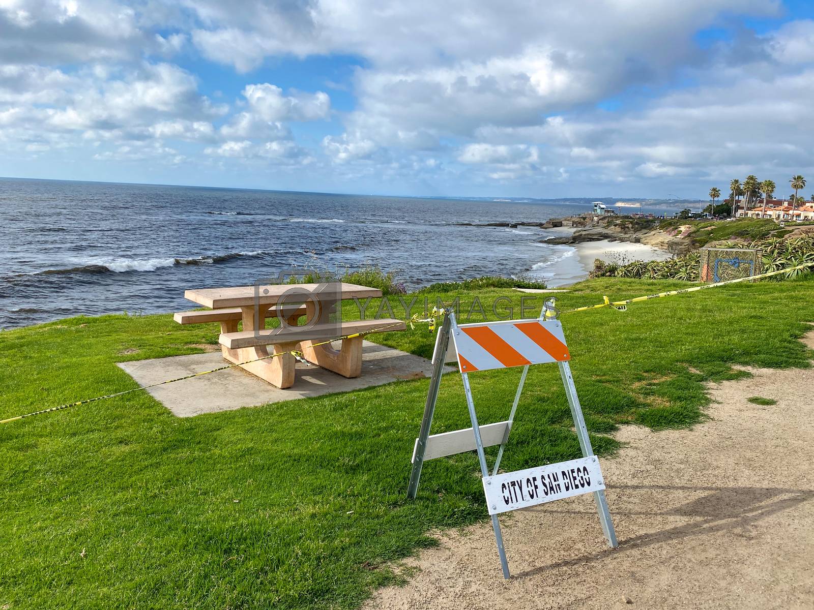 Royalty free image of Closed La Jolla Beach with informative signage during COVID-19 pandemic.  by Bonandbon