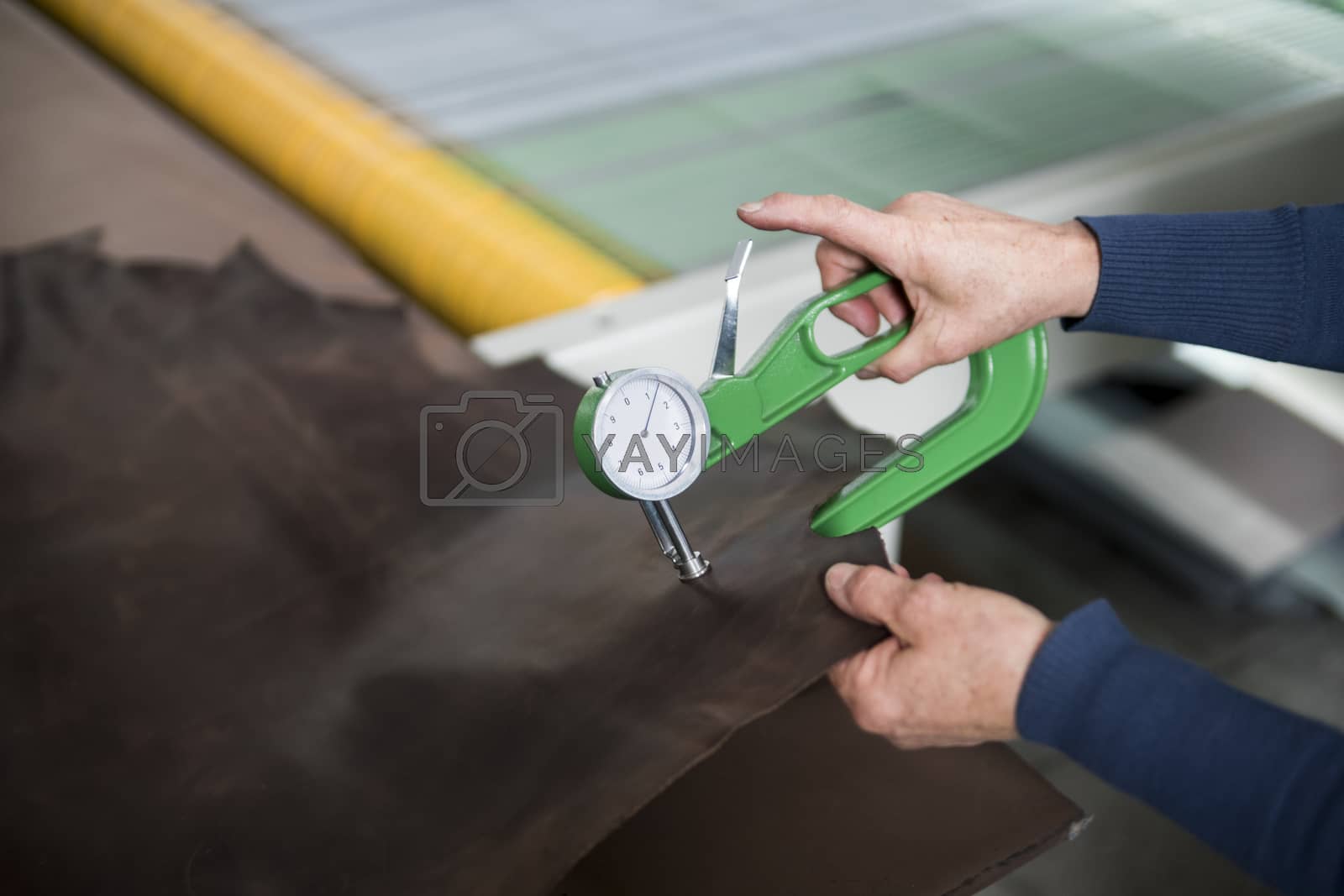 Royalty free image of Woman hands use Leather thickness gauge on with a natural brown leather. Preparing of the raw materials for manufacture of bags, shoes, clothing and accessories. by vovsht