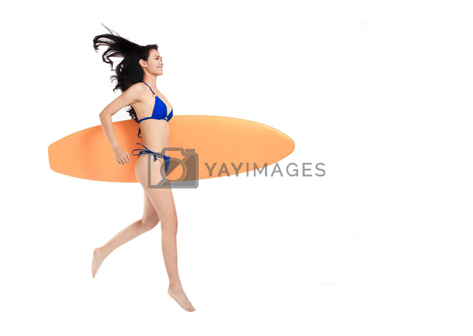Royalty free image of side view Beautiful young woman holding surfboard and running . isolated on white by tomwang