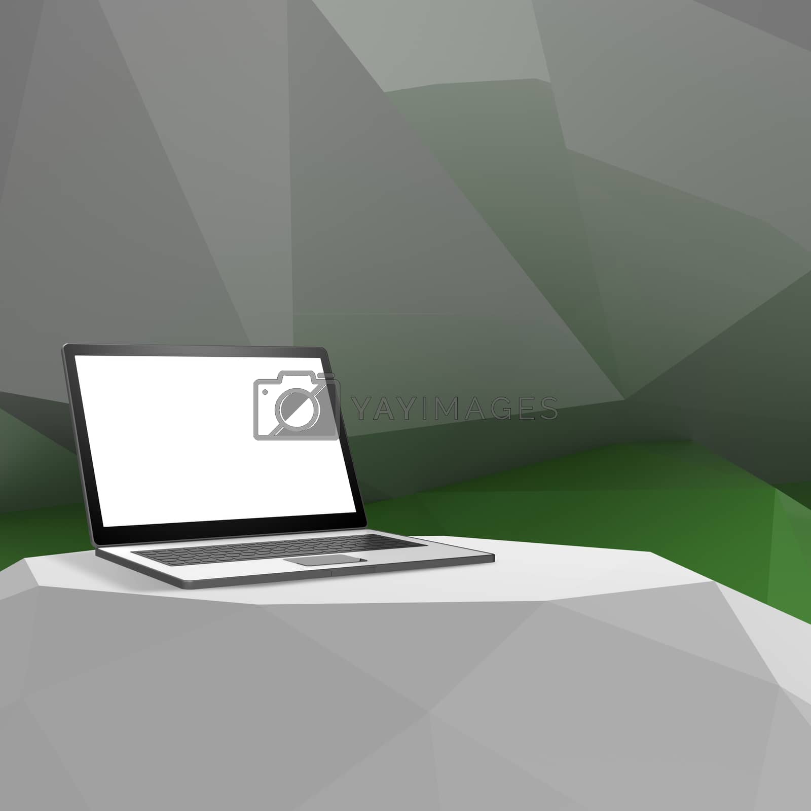 Royalty free image of Laptop with blank screen on laminate table and low poly geometri by everythingpossible