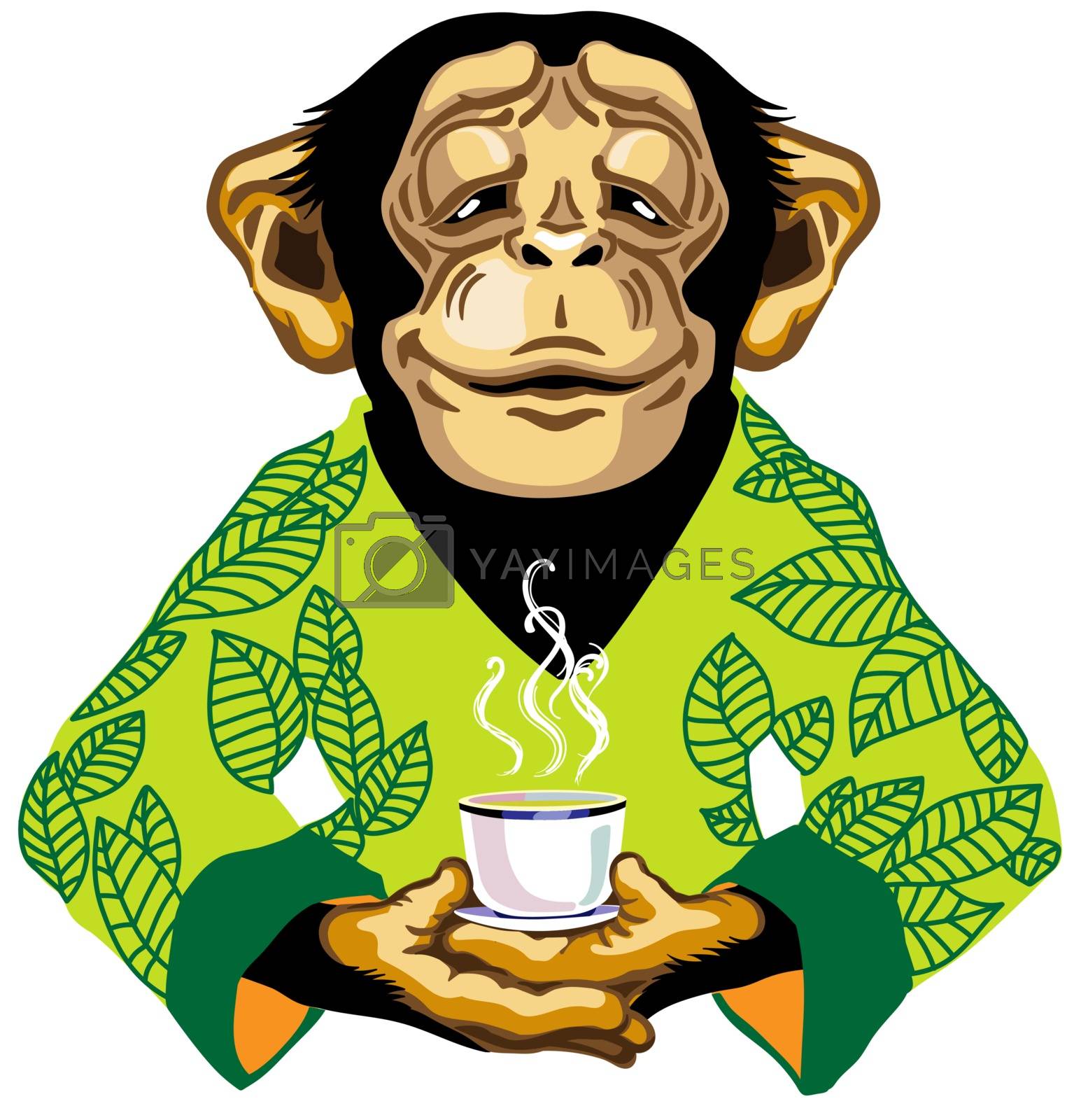 Royalty free image of chimp in green kimono holding cup of tea by insima