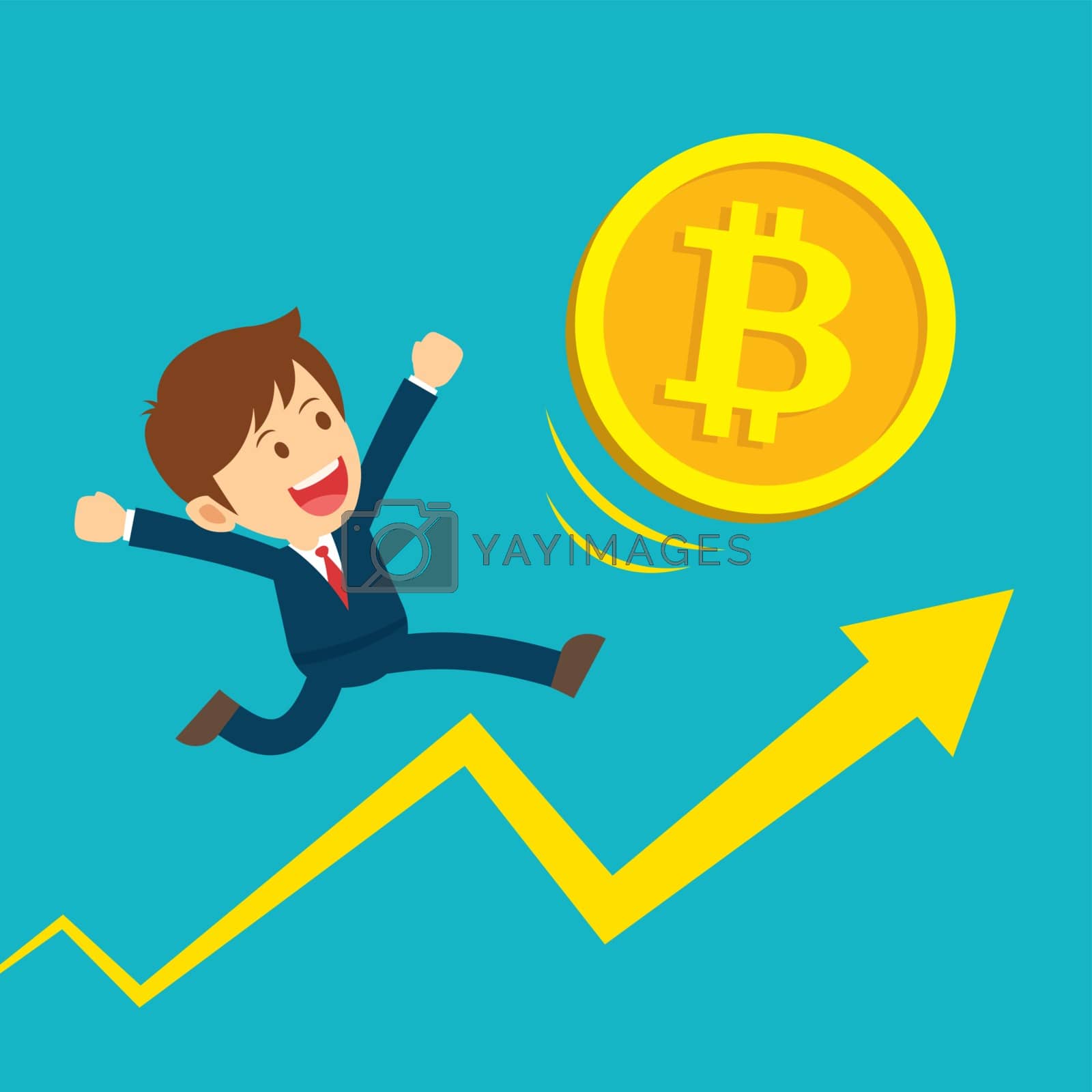 Royalty free image of Businessman running on graphs are happy at the bitcoin prices up by kaisorn