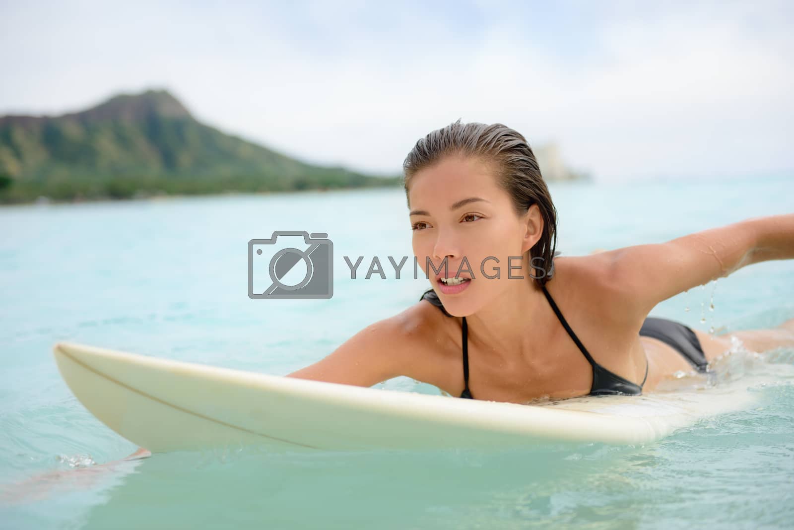 Royalty free image of Surfing surfer girl paddle for surf on surfboard by Maridav