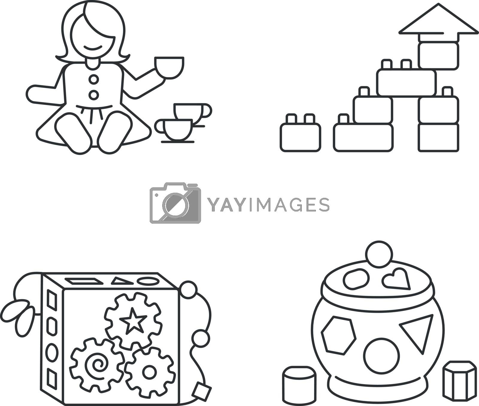 Sensory toys for toddlers pixel perfect linear icons set. Baby doll with tea set. Educational toys for kids development. Customizable thin line contour symbols. Isolated vector outline illustrations