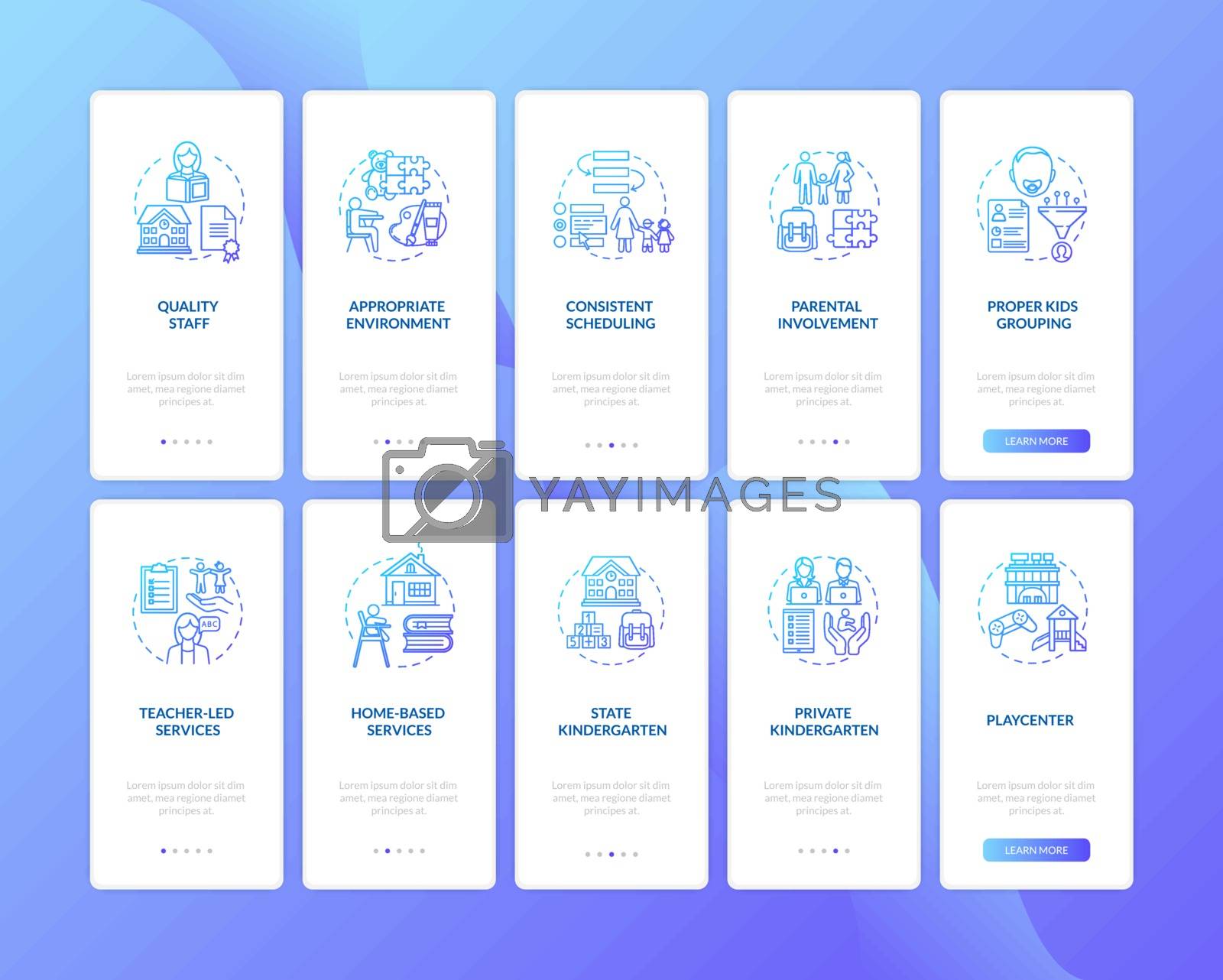 Toddlers education centers types and features onboarding mobile app page screen with concepts set. Walkthrough 5 steps graphic instructions. UI vector template with RGB color illustrations
