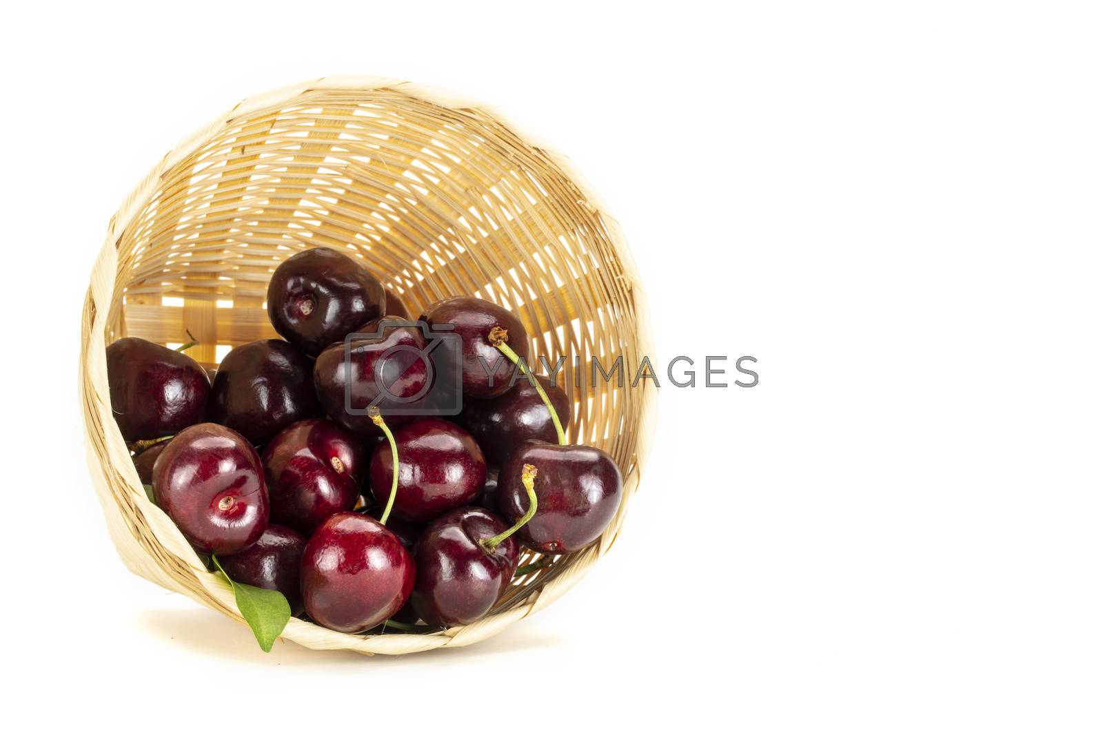 Royalty free image of Red cherries in a weave basket. by Nawoot