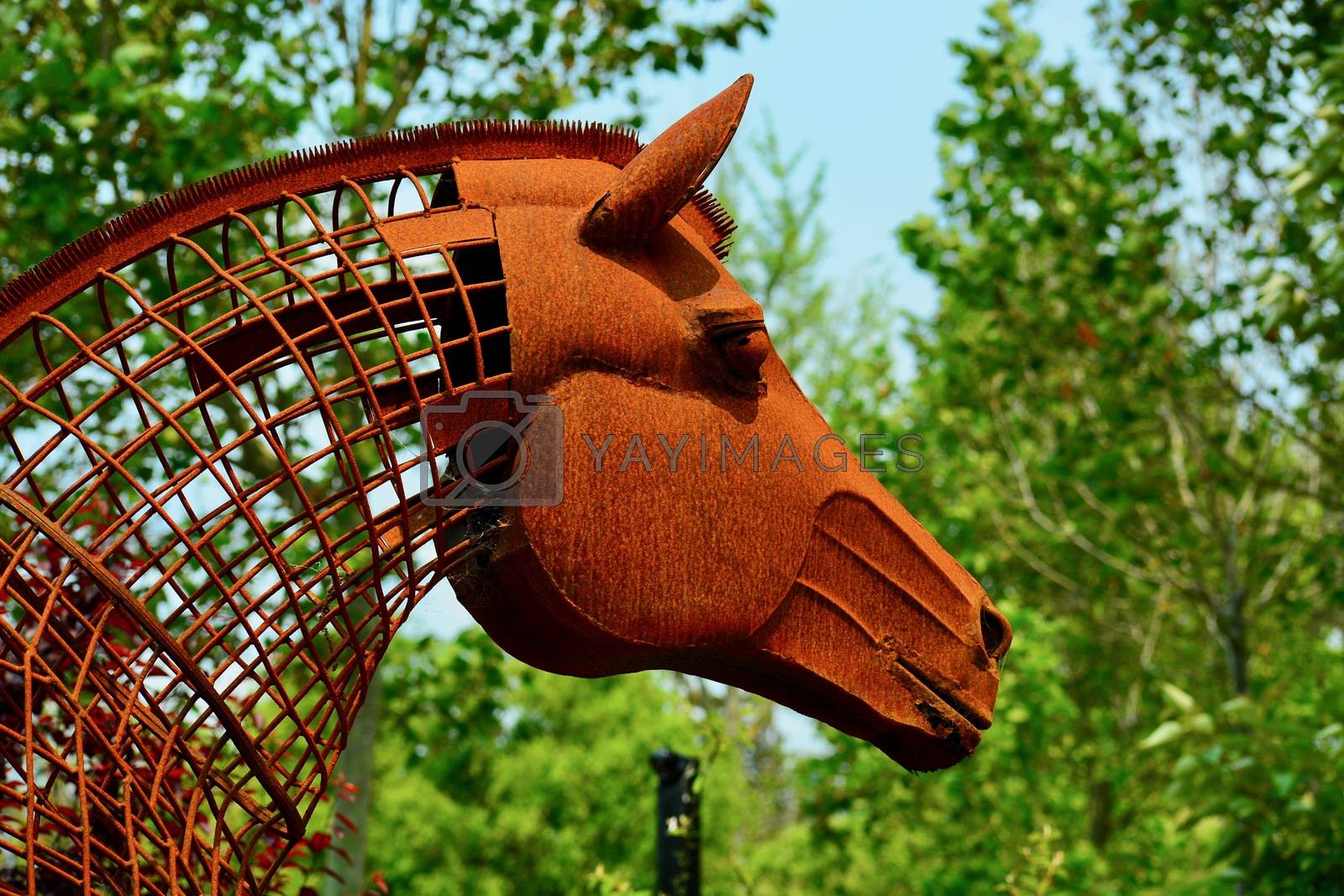 Royalty free image of Matakana, New Zealand - Dec 2019: Sculptureum sculpture park. Peculiar modern sculpture made of rusty wire and some metal parts, representing a horse. by Marshalkina
