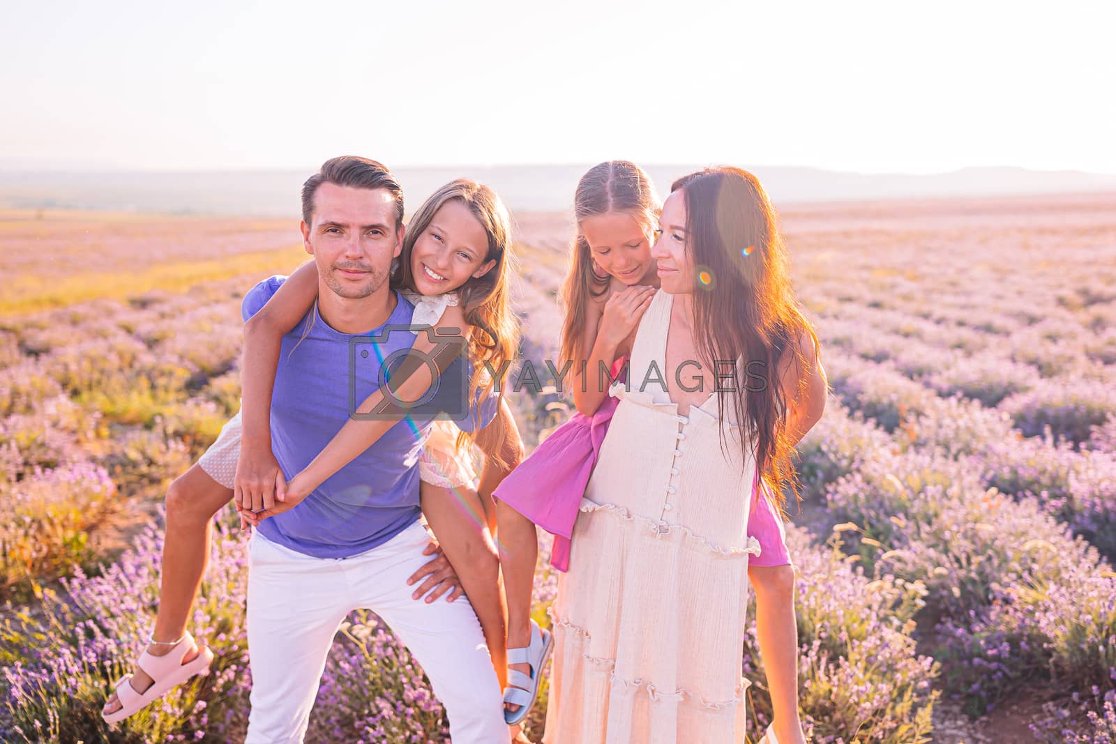 Royalty free image of Family in lavender flowers field at dawn by travnikovstudio