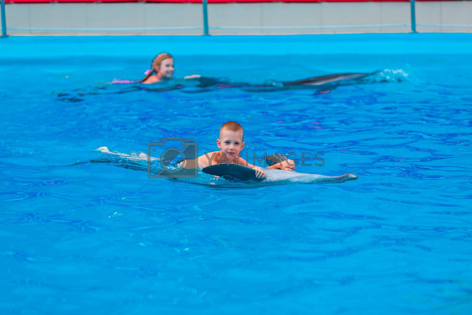 Royalty free image of Happy little kids swimming with dolphins in Dolphinarium by Len44ik