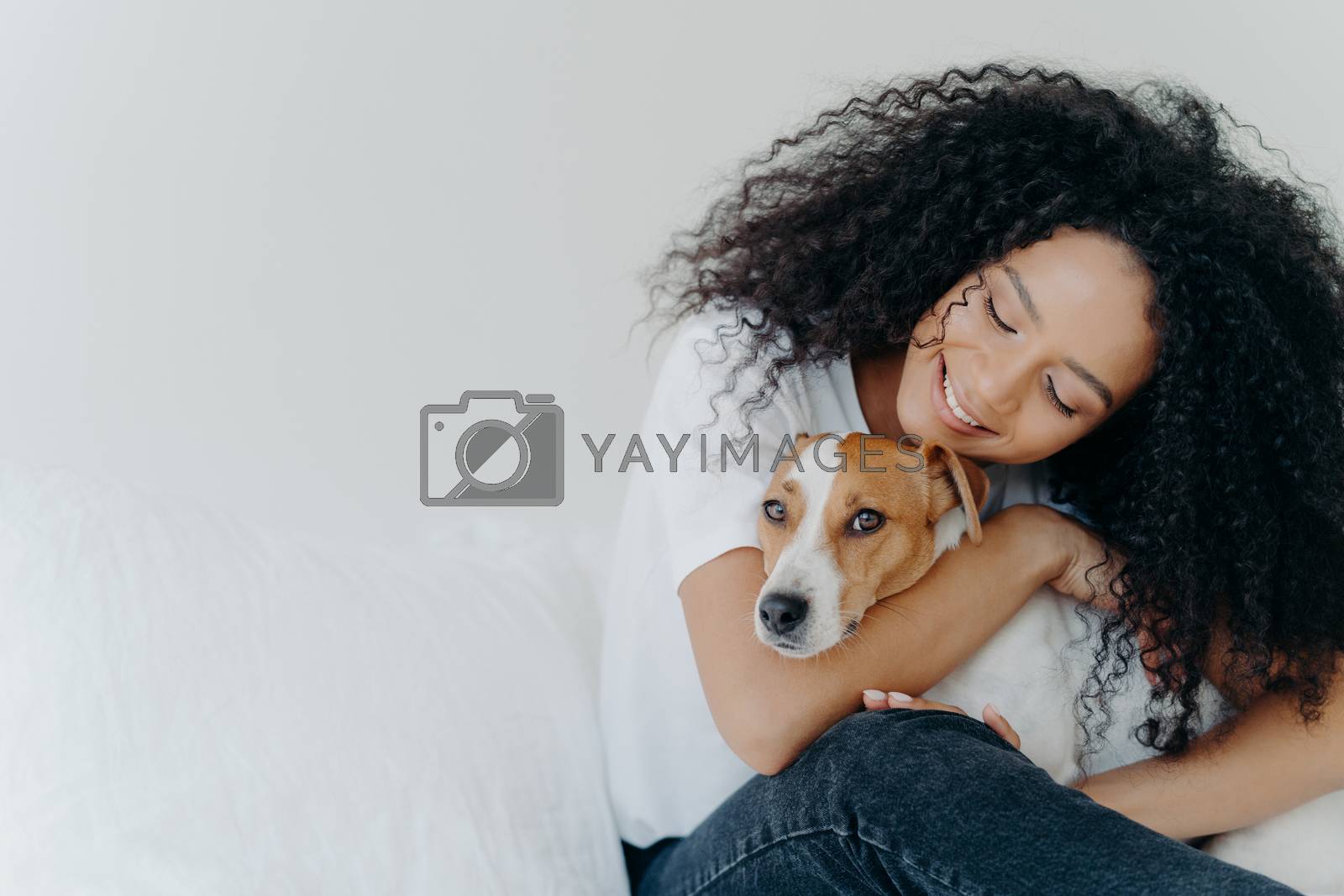 Photo of attractive woman with curly Afro hairstyle, cuddles and pets dog with smile, expresses love, enjoys cozy domestic atmosphere, pose against white background with empty space for promotion