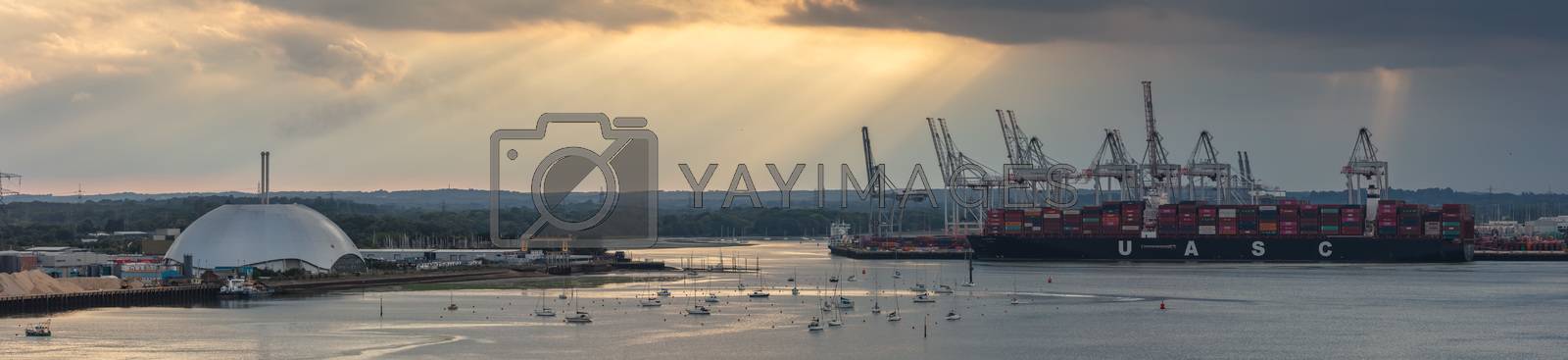 Royalty free image of Aerial panoramic view of Southampton port at sunset. by DamantisZ