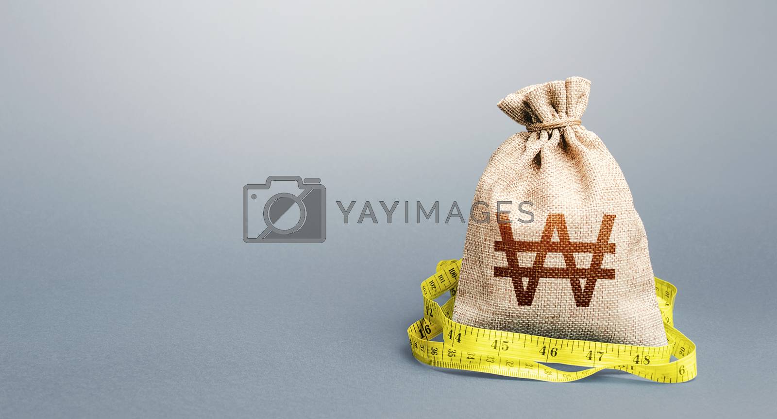 Royalty free image of South korean won money bag and measuring tape meter. Analysis of economic situation. Formation and optimization of the budget, savings. Assessment of capital. Declaration of income, illegal enrichment by iLixe48