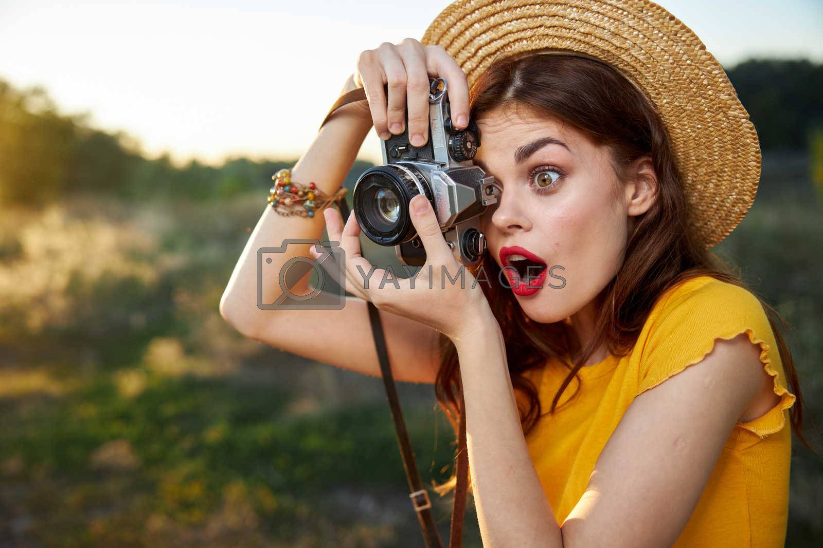 surprised woman taking nature snapshot lifestyle hobby. High quality photo