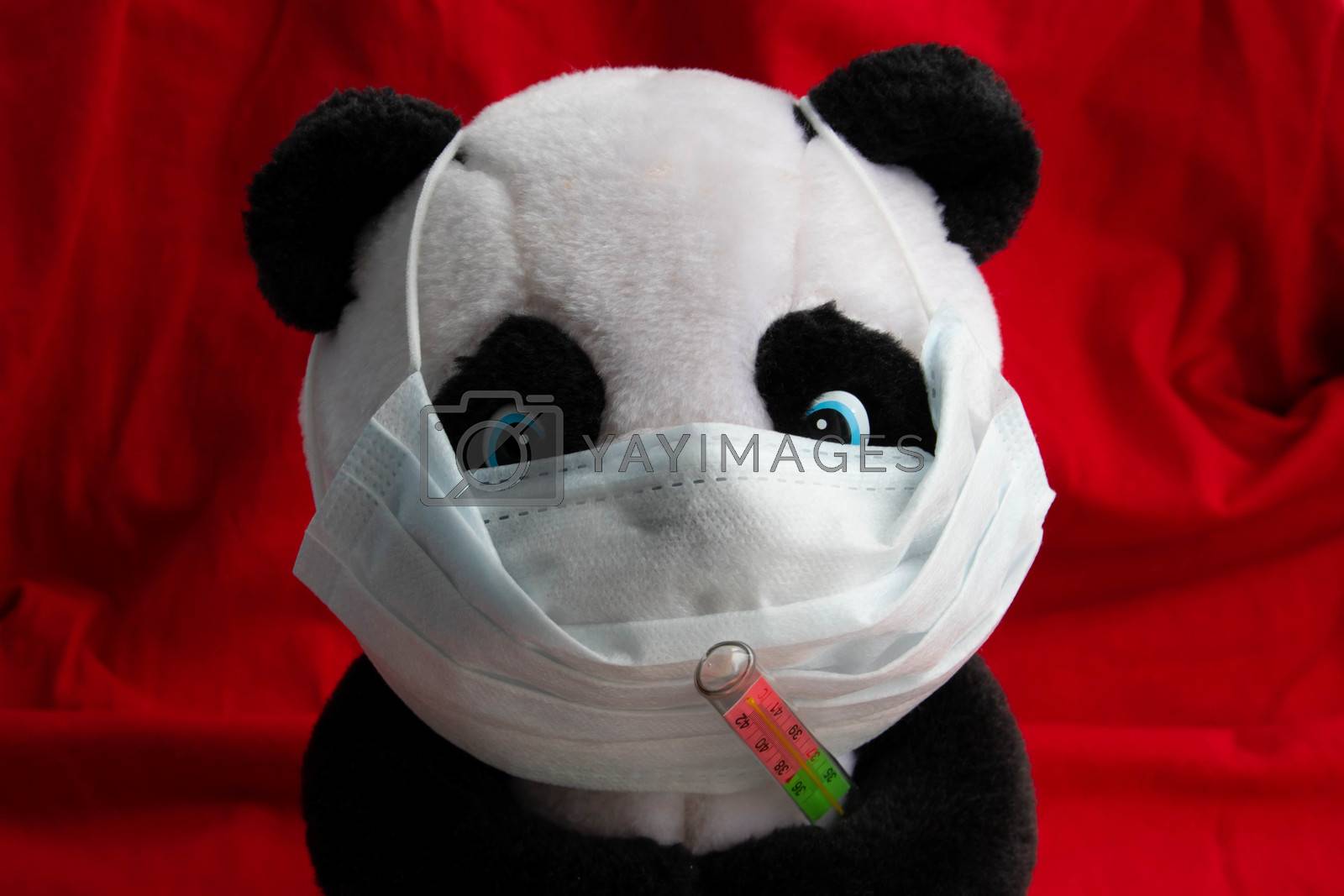 Royalty free image of A toy panda in a medical mask with a thermometer sits on a red background. Coronavirus treatment concept by lapushka62