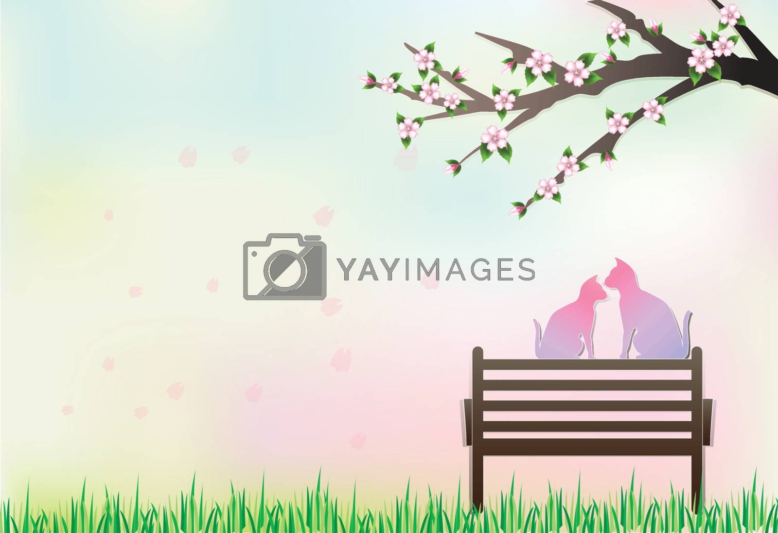 Royalty free image of Cats sitting on the bench under Cherry blossom tree and petals f by Kheat