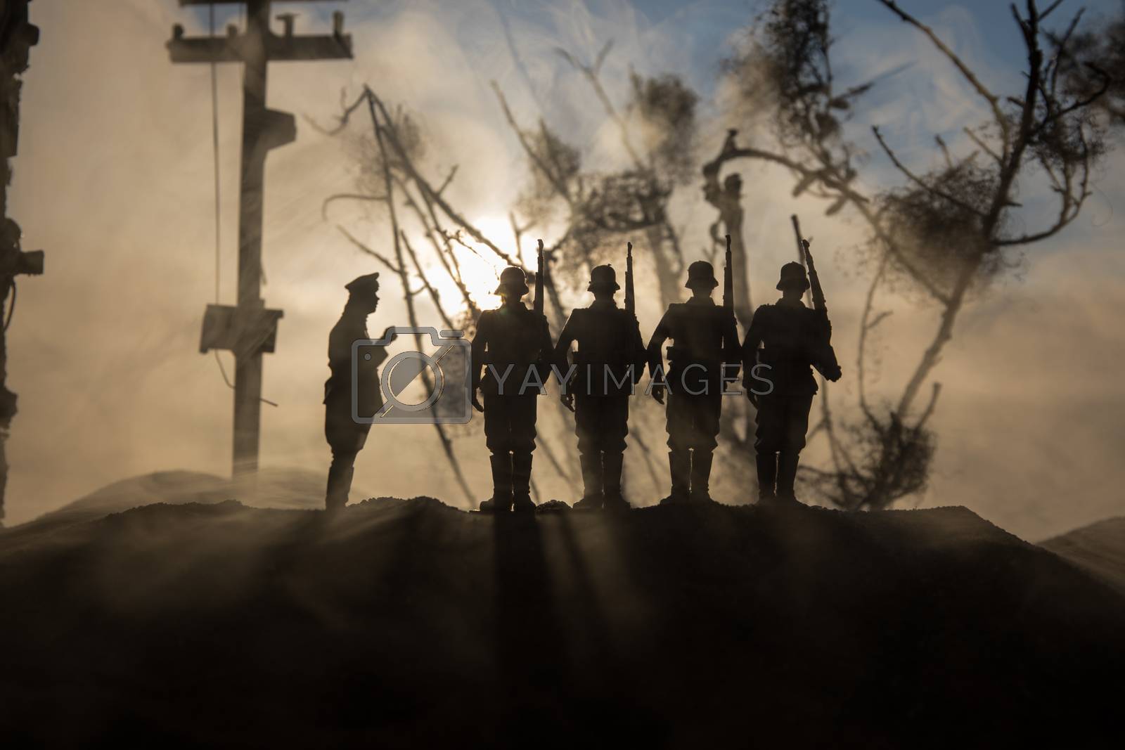 War Concept. Military silhouettes fighting scene on war fog sky background, World War Soldiers Silhouette Below Cloudy Skyline At sunset. Battle in ruined city. Selective focus