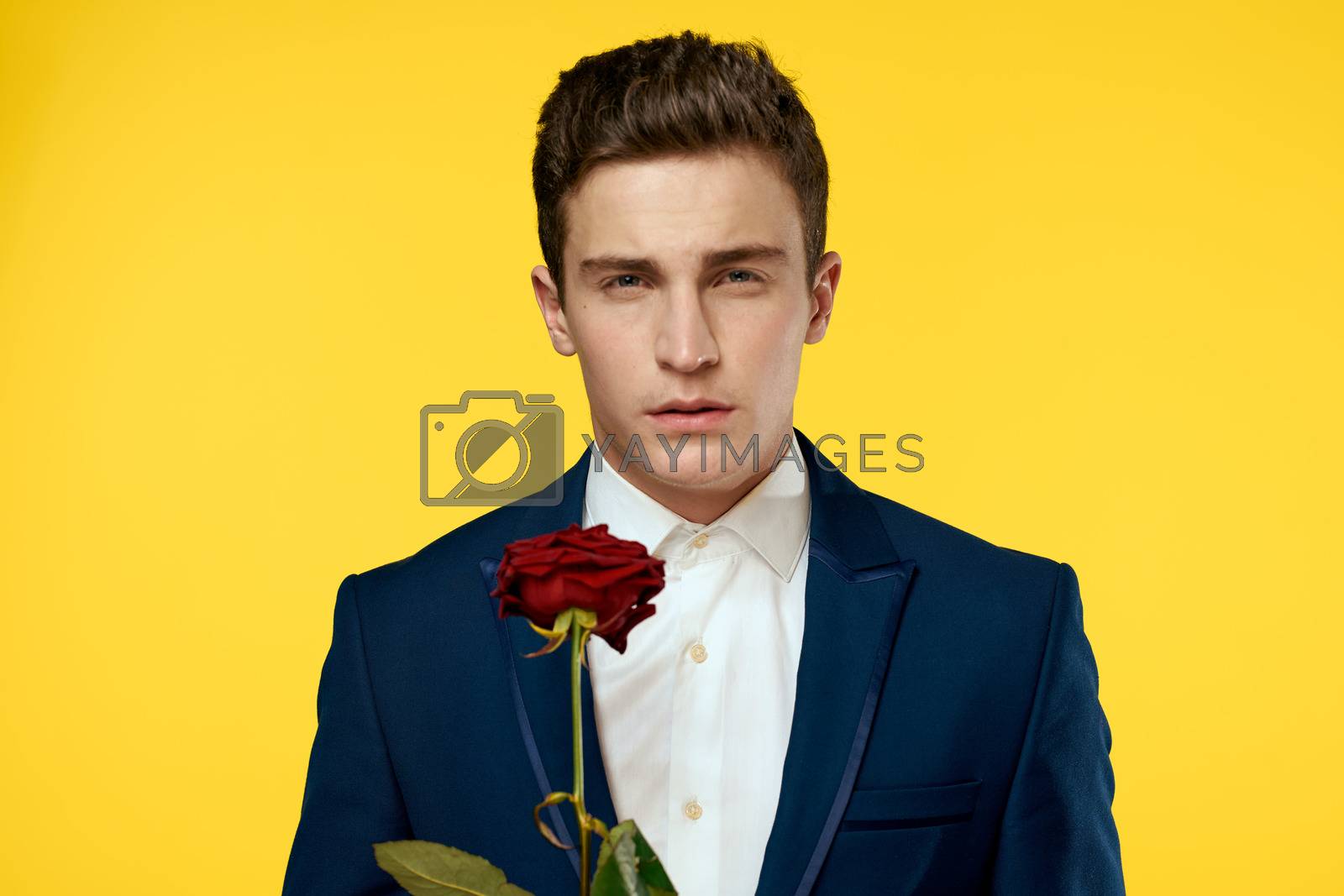 Gentlemen in classic suit on yellow background and red rose romance cropped view model portrait. High quality photo