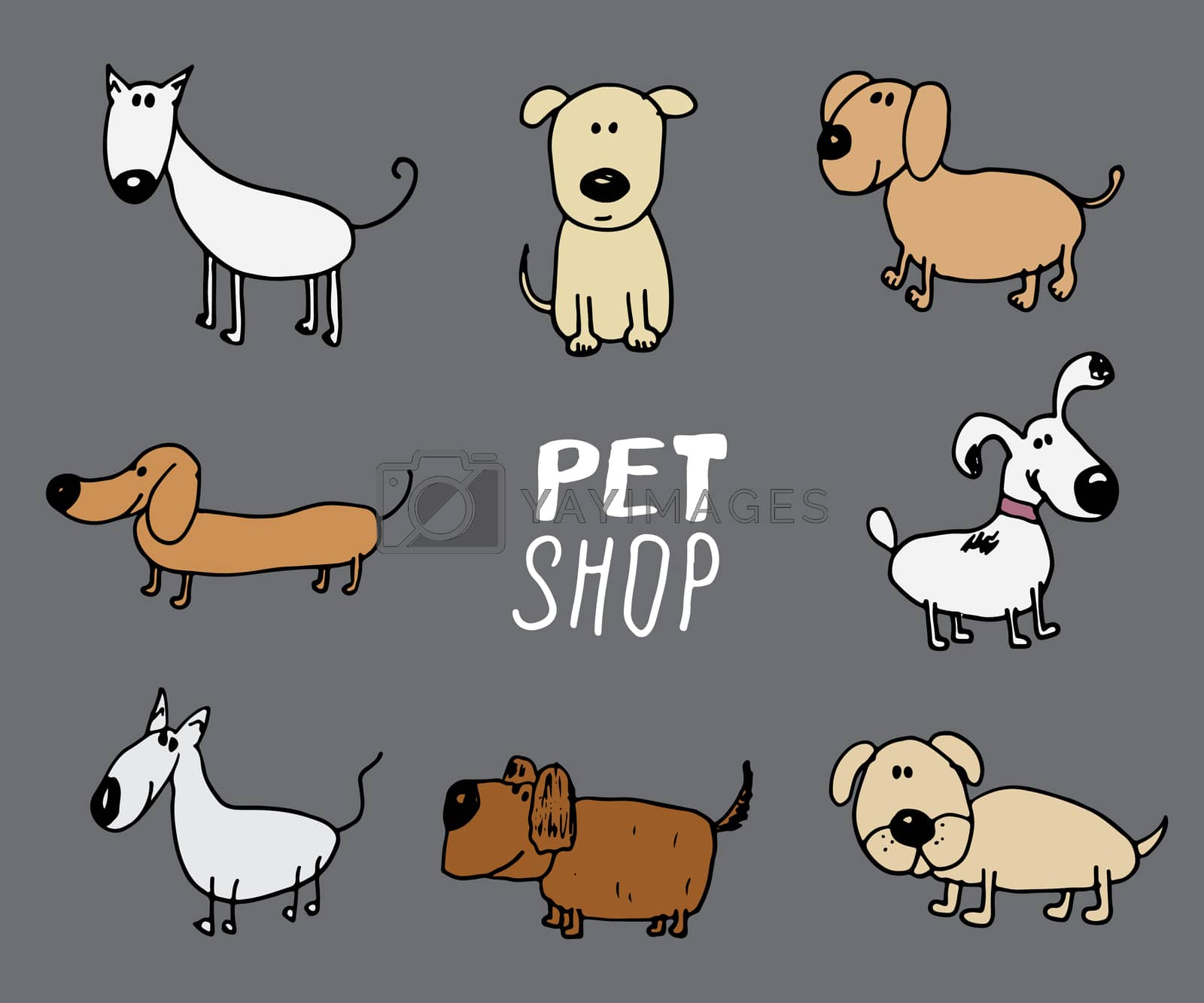 Funny Dogs doodle Set. Hand drawn sketched pets collection Vector Illustration on gray background