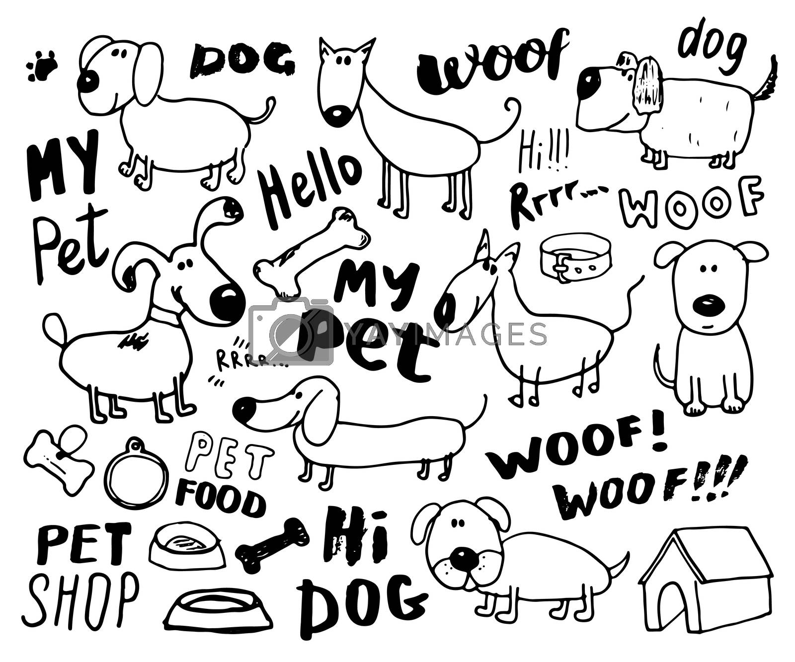 Funny Dogs doodle Set. Hand drawn sketched pets collection Vector Illustration on white background