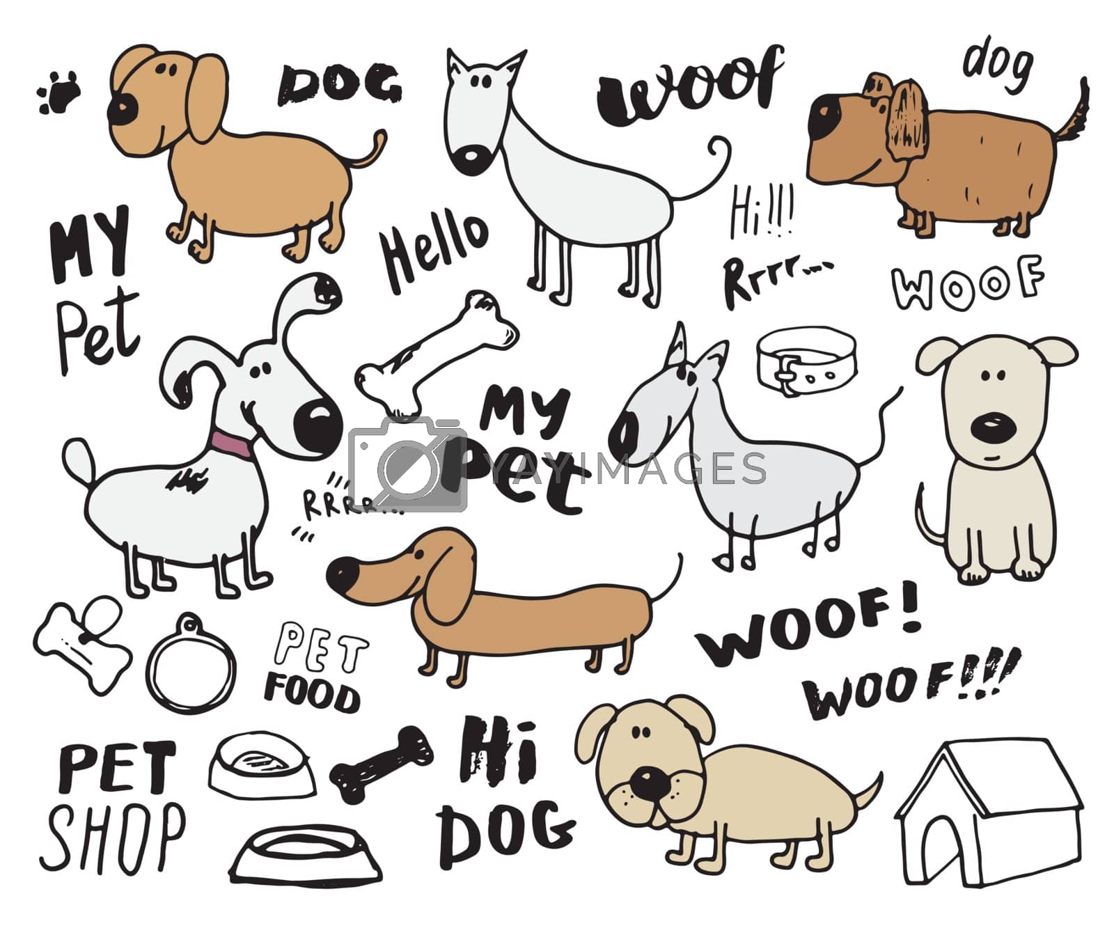 Funny Dogs doodle Set. Hand drawn sketched pets collection Vector Illustration on white background.