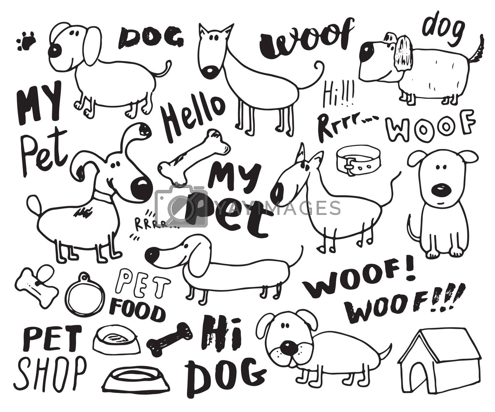 Funny Dogs doodle Set. Hand drawn sketched pets collection Vector Illustration on white background.