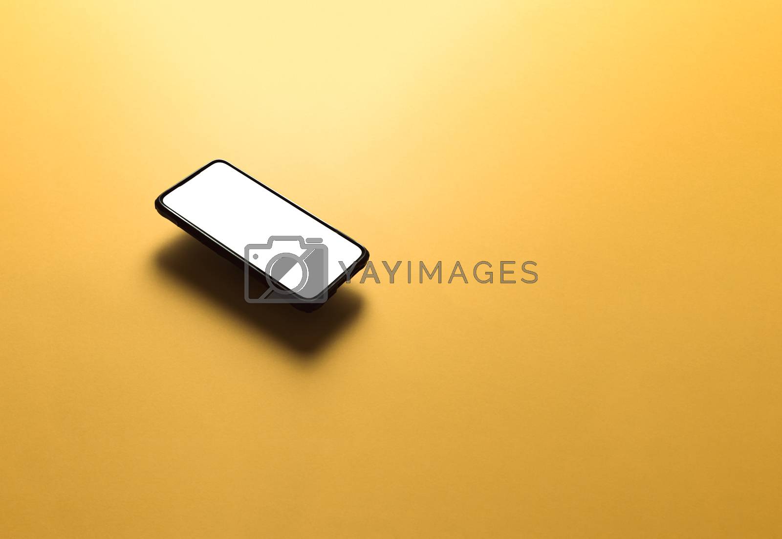Royalty free image of Minimalistic mock up flat image design with a floating mobile phone with copy space and white scree to write over it over a flat yellow background by AveCalvar