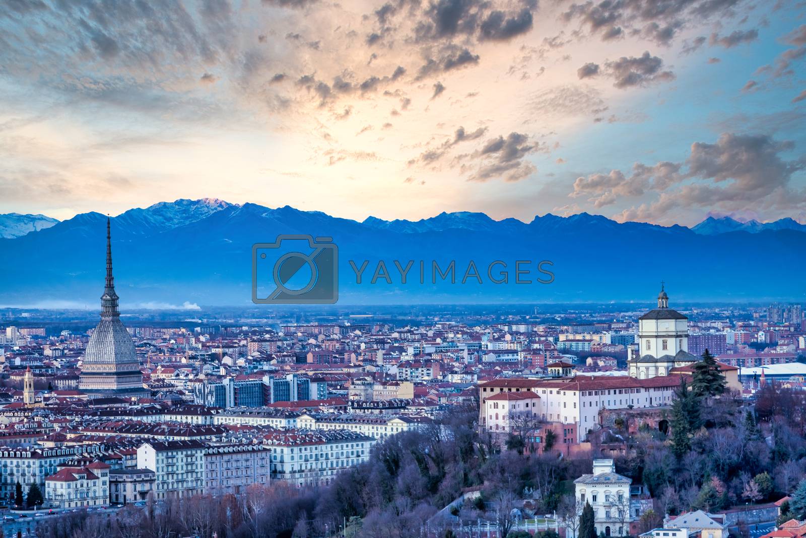 Royalty free image of Turin panoramic skyline at sunset with Alps in background by Perseomedusa