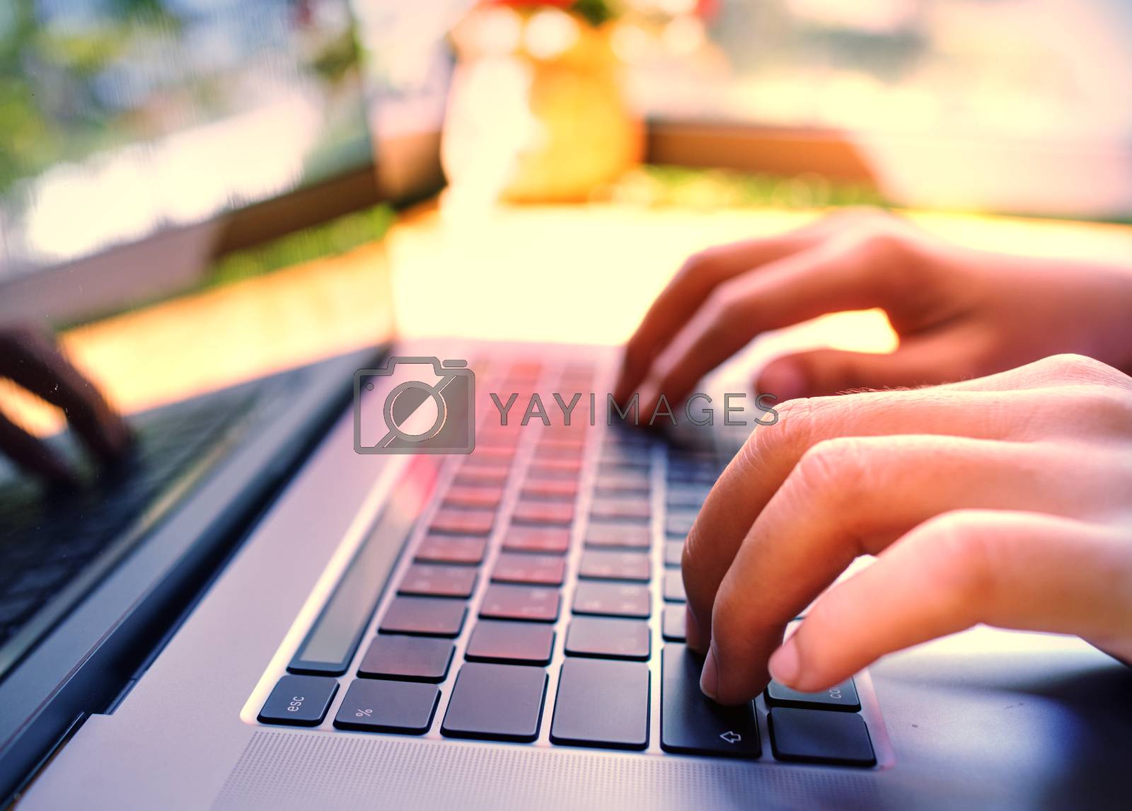Royalty free image of Girl hand typing laptop keyboard in concept coffee shop Wireless by noppha80