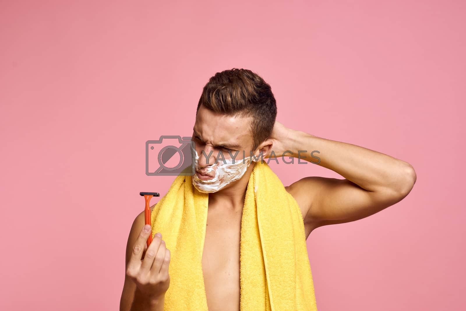 Royalty free image of Nationality razor street and white foam pure skin pink background Copy Space by SHOTPRIME