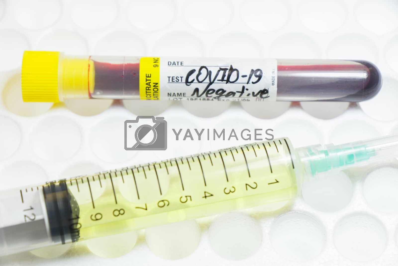 Royalty free image of Medical needle and blood tube, corona virus or covid-19 vaccine. by Taidundua