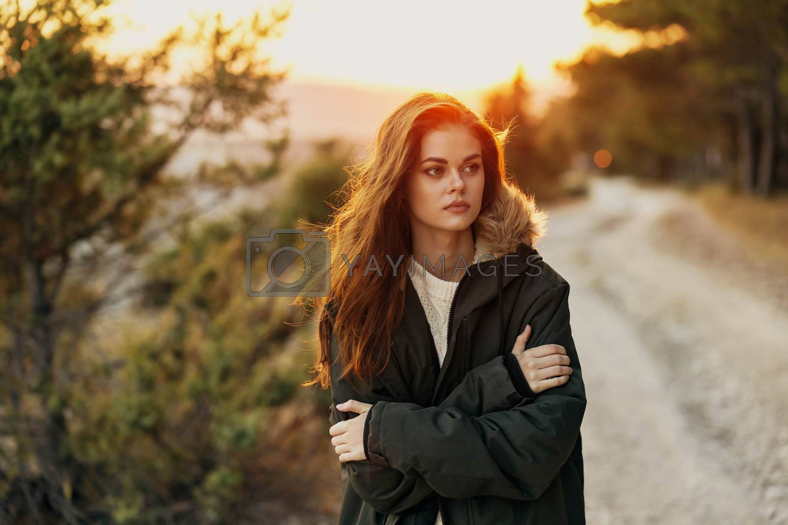 Woman on nature walk cool autumn travel. High quality photo
