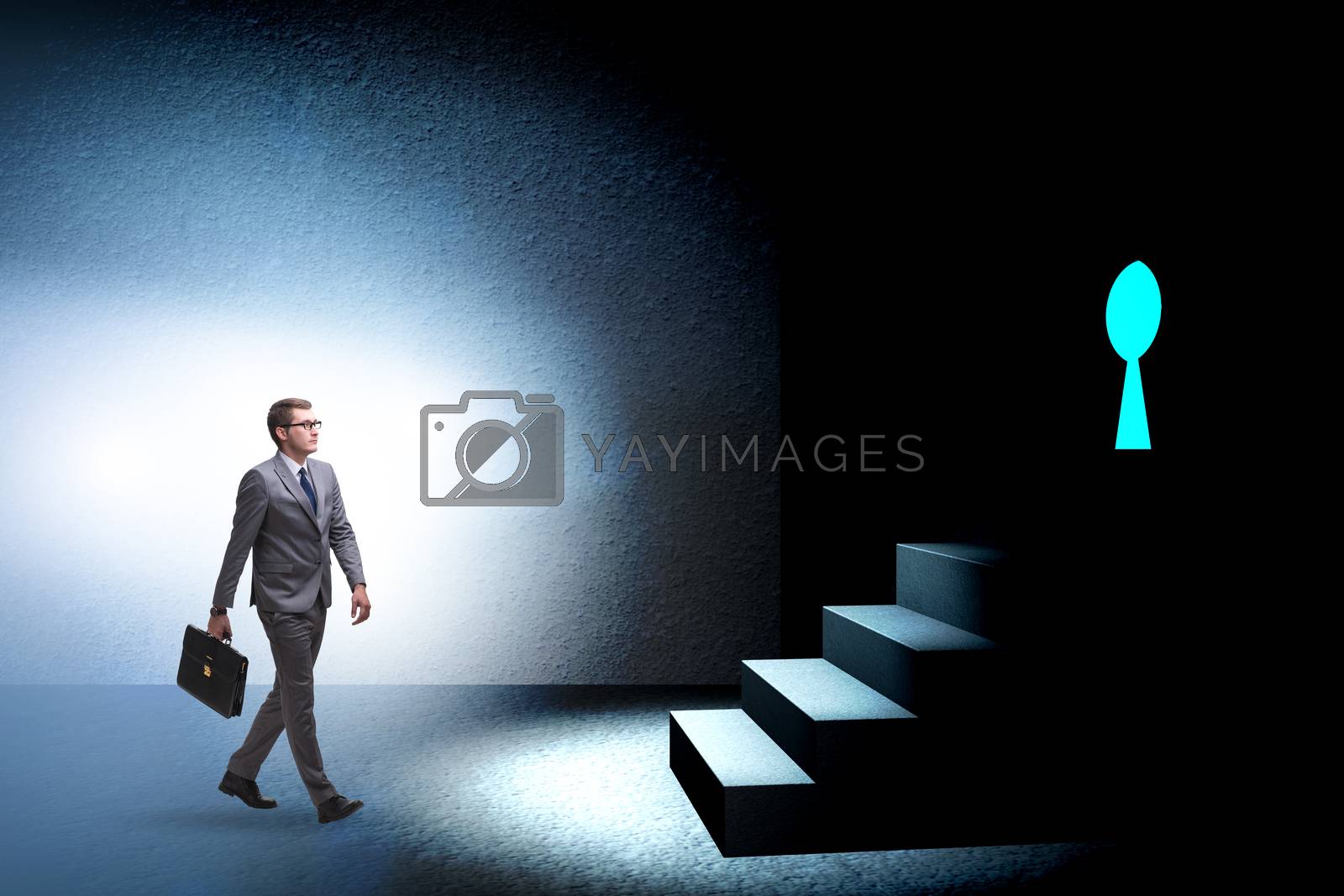 Royalty free image of Businessman walking towards keyhole in challenge concept by Elnur