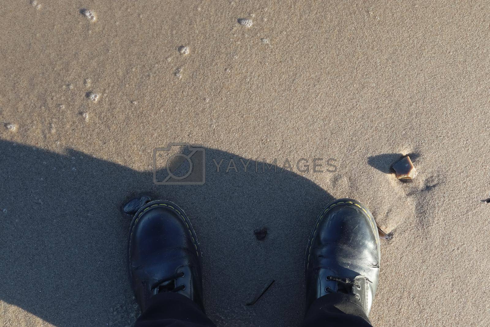 Royalty free image of Human feet in black shoes at a baltic sea beach in northern Germany. by MP_foto71