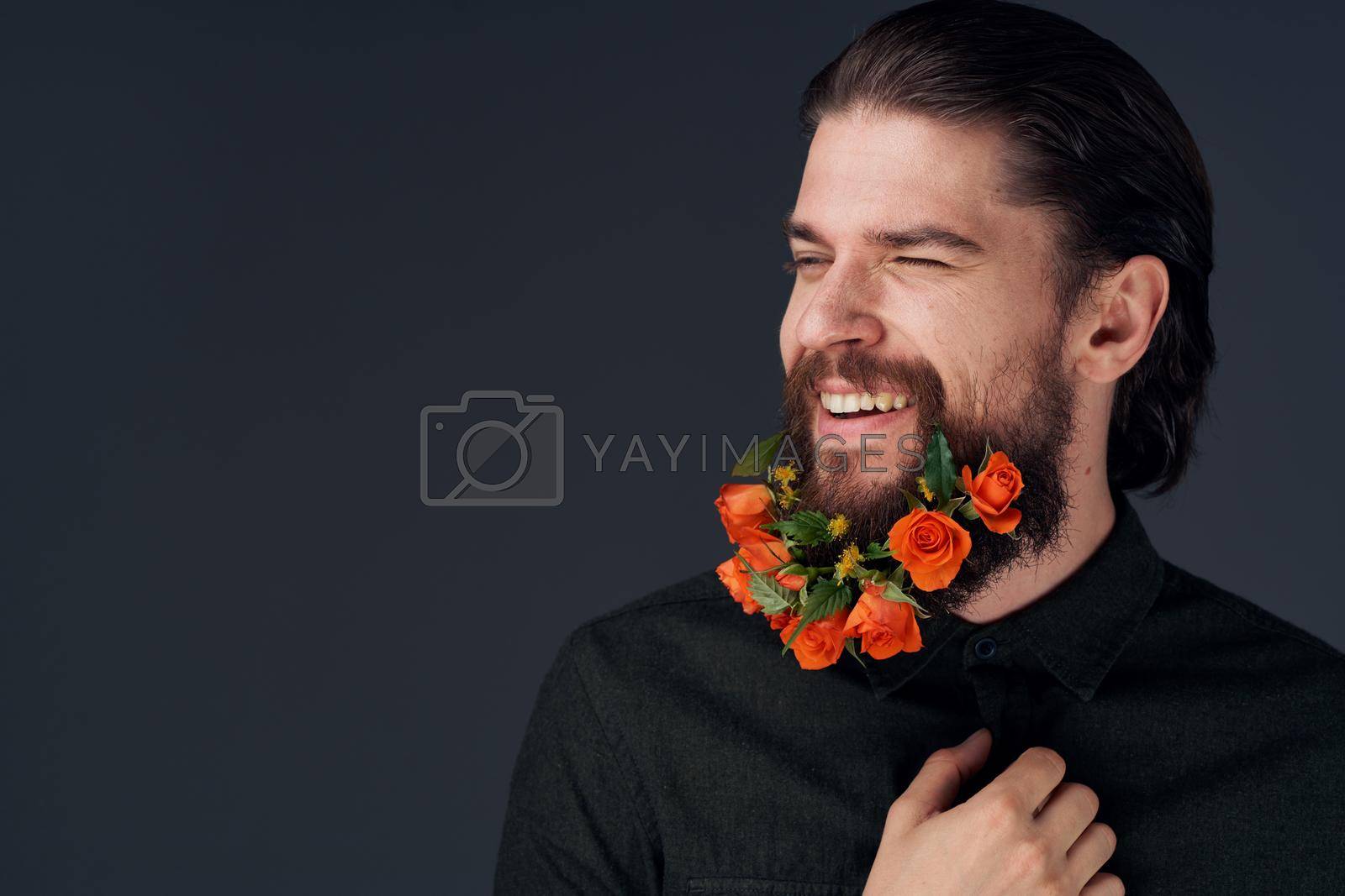 Cute man flowers in the city romance elegant style holidays decoration. High quality photo