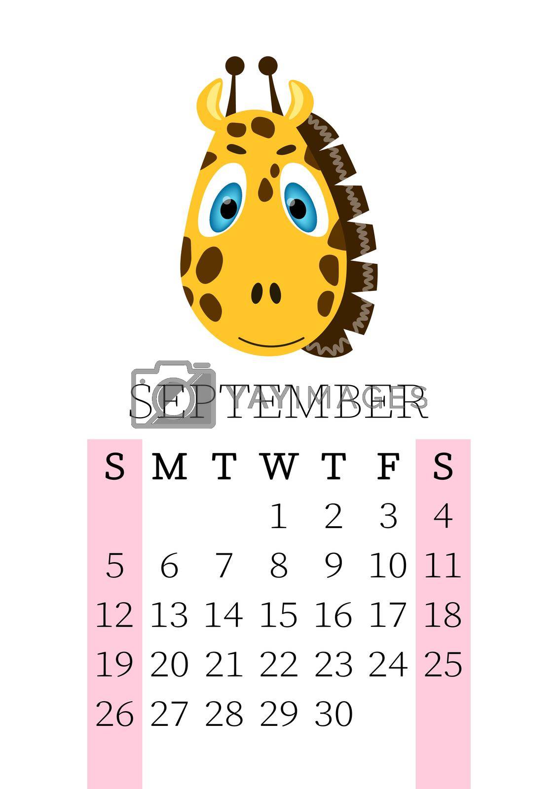 Royalty free image of Calendar 2021. Monthly calendar for September 2021 from Sunday to Saturday. Yearly Planner. Templates with cute hand drawn face animals. Vector illustration. Great for kids. Calendar page for print. by allaku