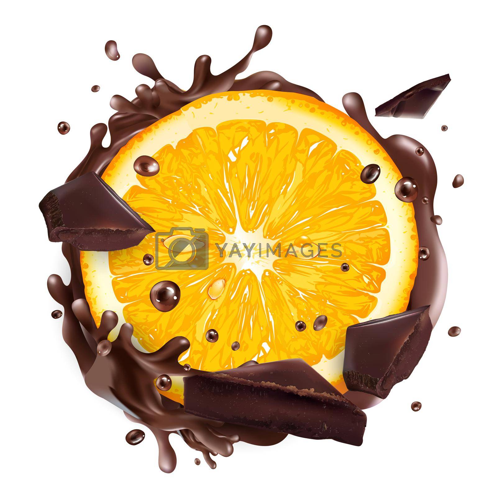 Royalty free image of Slice of orange with chocolate pieces and splashes. by ConceptCafe