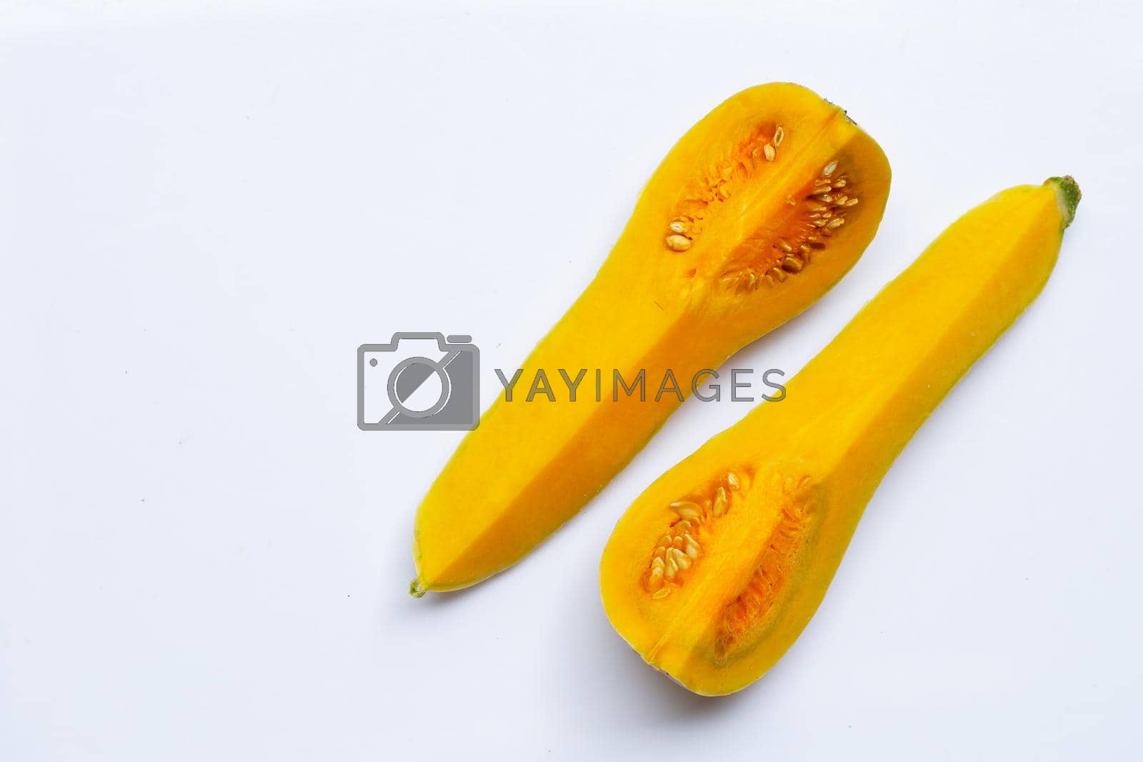 Royalty free image of Cut and slices butternut squash on white background. by Bowonpat