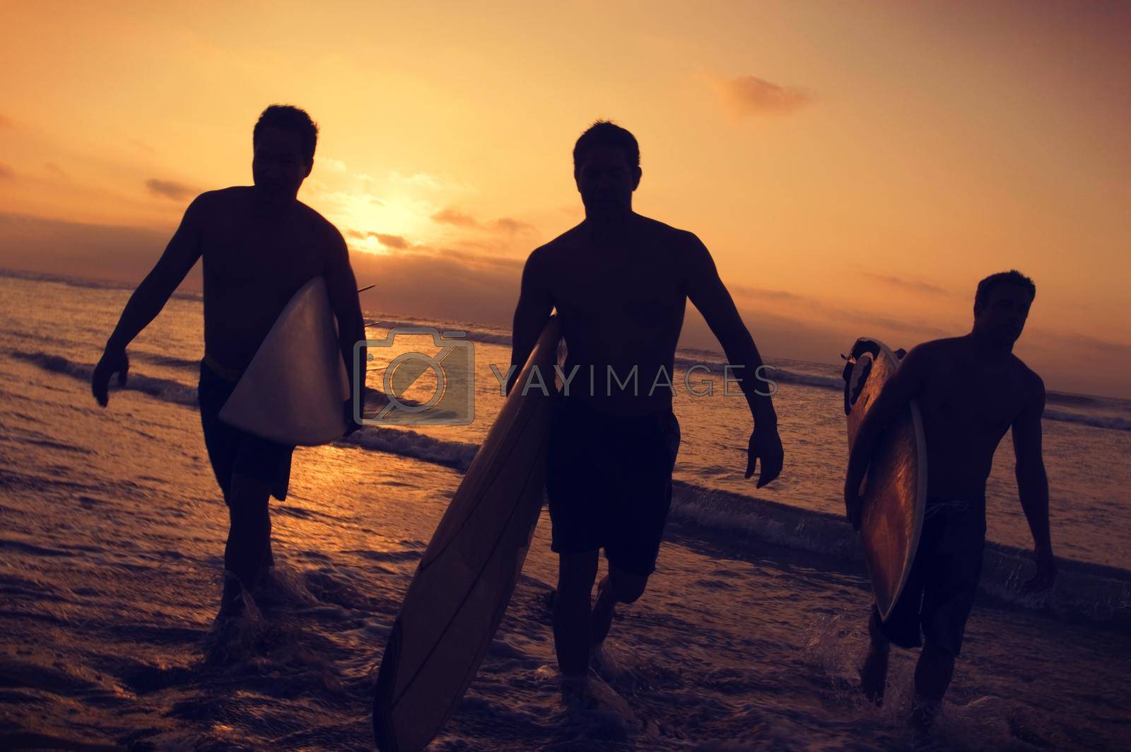 Royalty free image of Group photo of friends running to the ocean with their surfing boards by moodboard