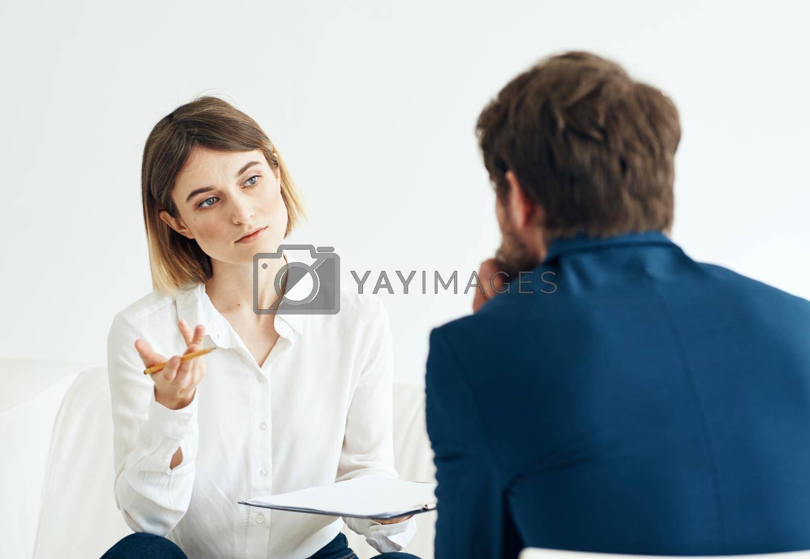 Woman and man suit documents communication people vacancies resume. High quality photo