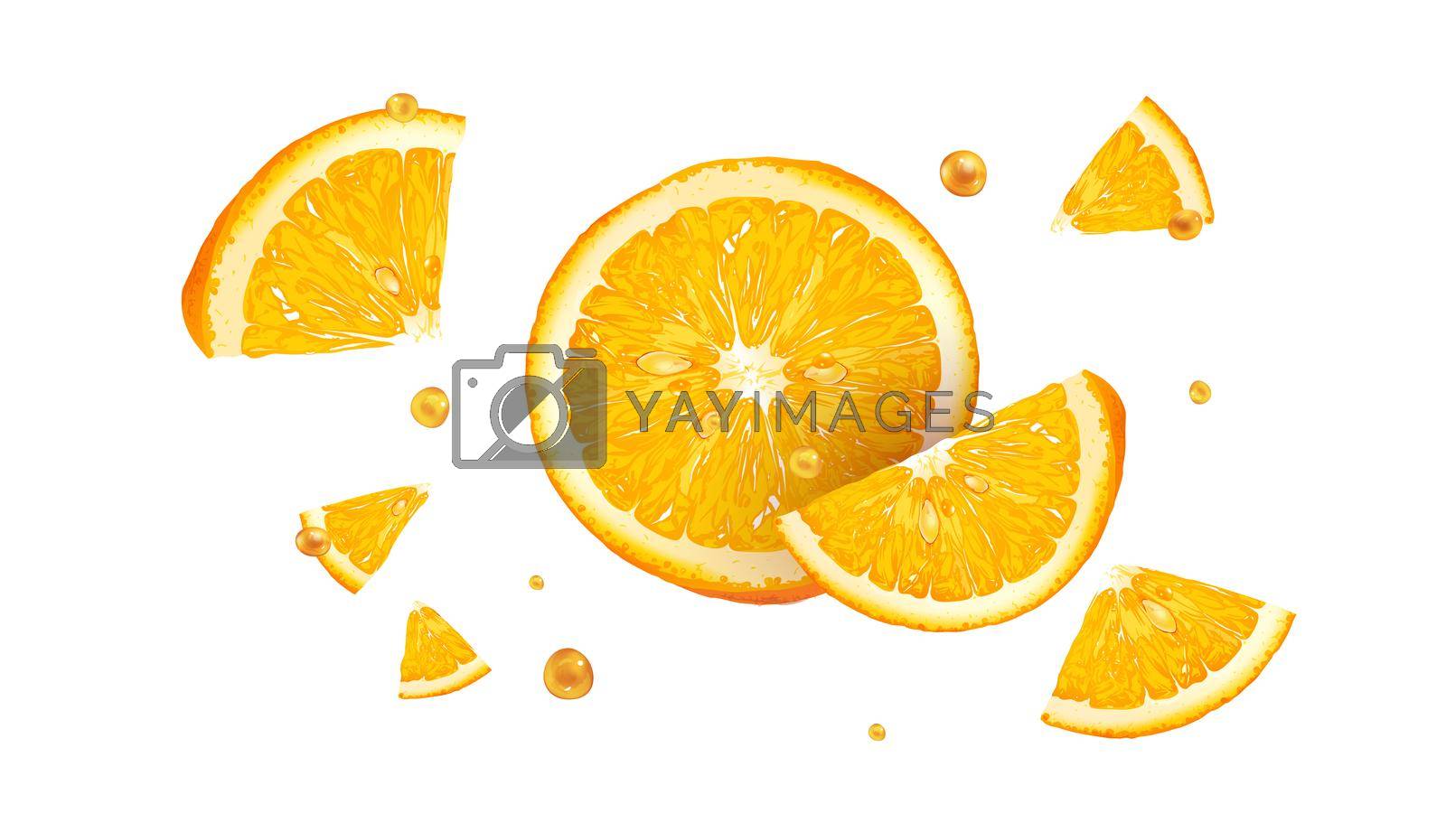 Royalty free image of Slices of fresh orange with drops of juice in flight. by ConceptCafe