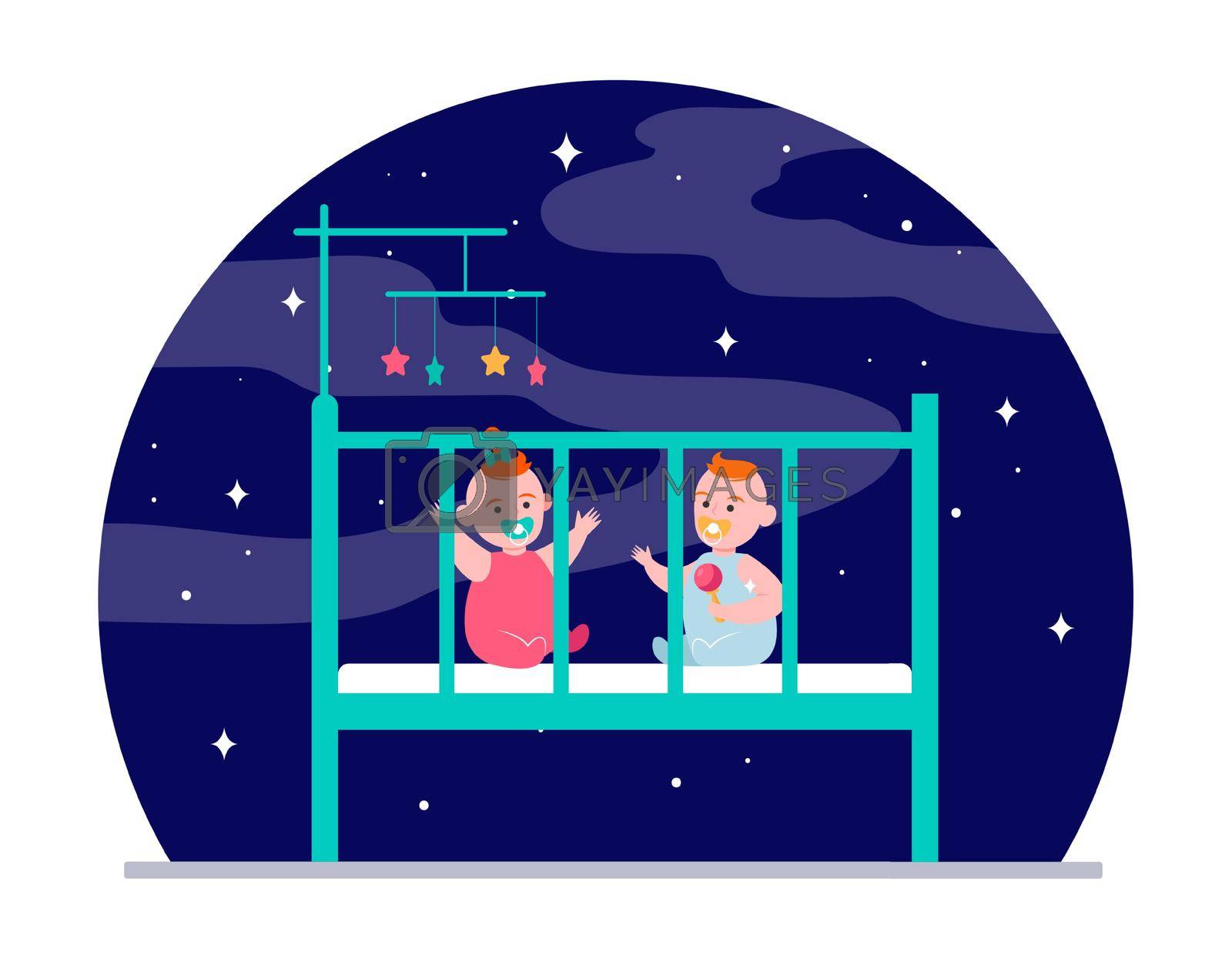 Twin babies playing in crib. Rattle toy, boy, girl, night flat vector illustration. Childhood, childcare, parenthood concept for banner, website design or landing web page