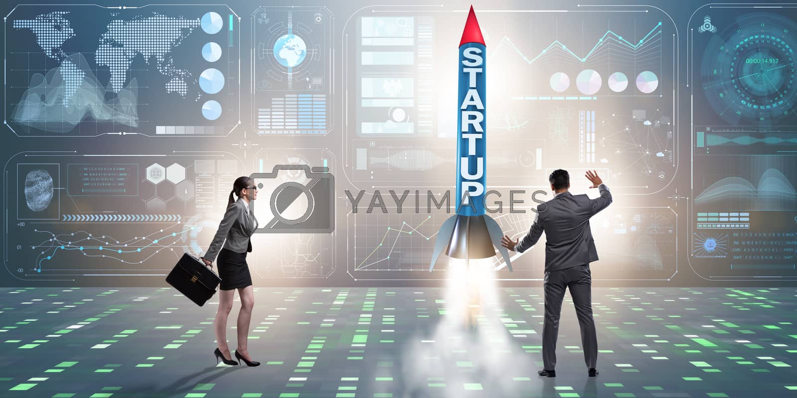 Royalty free image of Start-up concept with rocket and businessman by Elnur