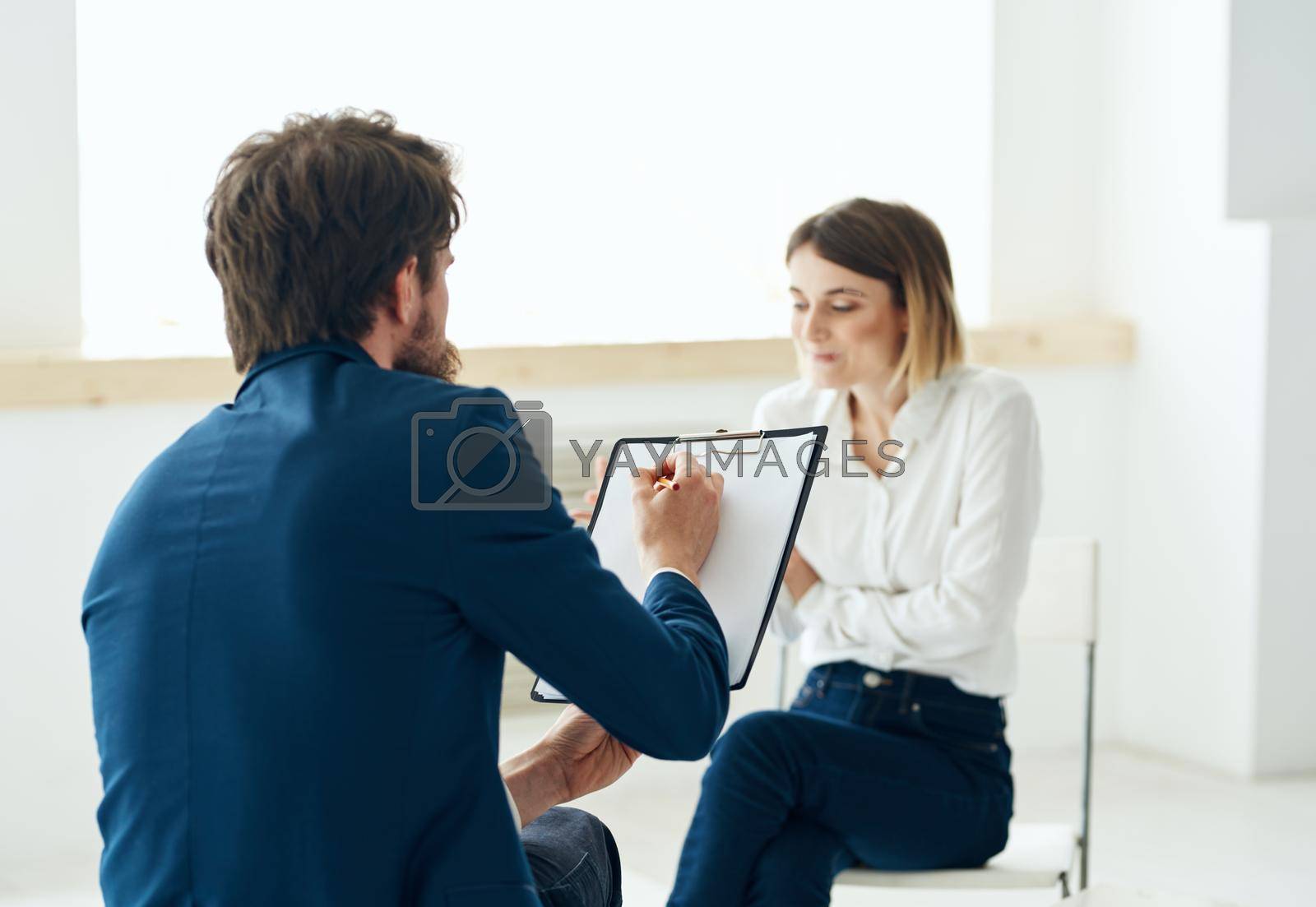 Man and woman communication consultation psychology therapy. High quality photo