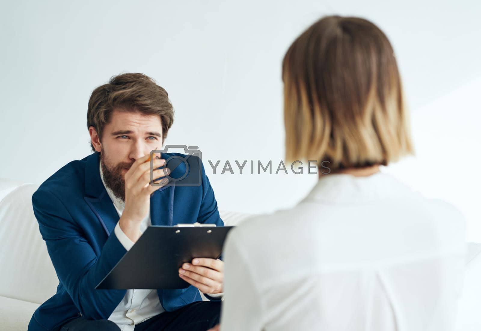 business man and woman communication officials office documents. High quality photo