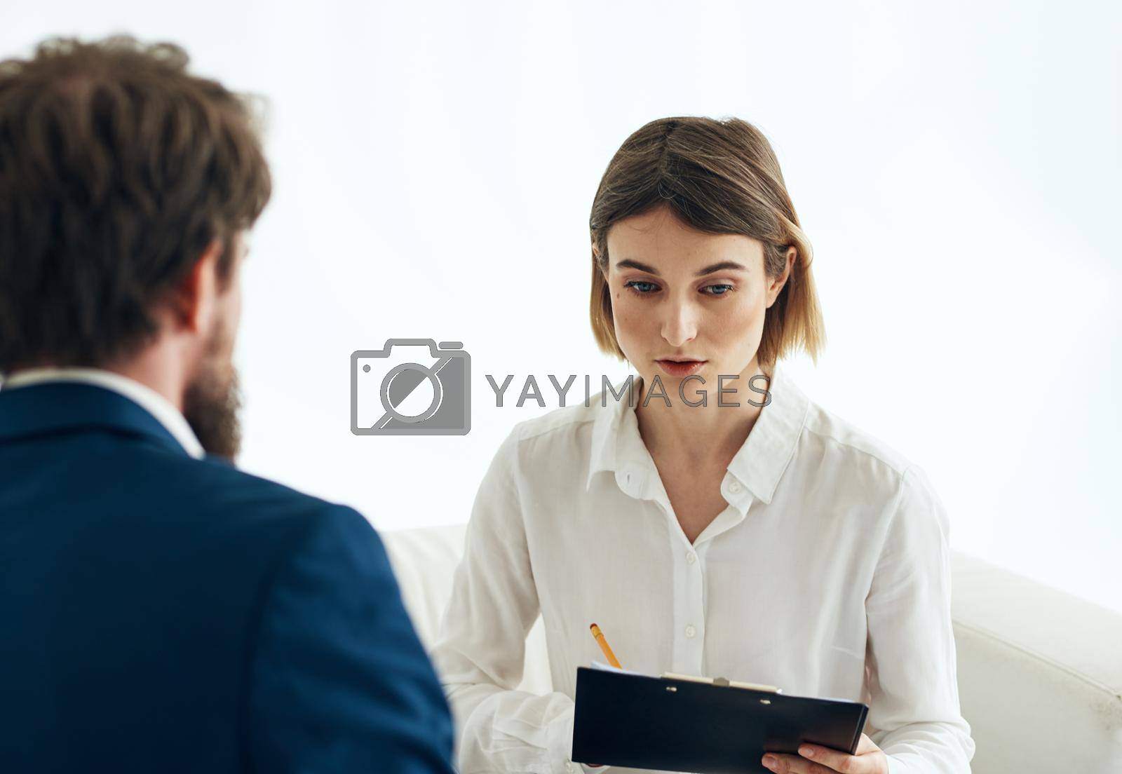 woman and man suit documents communication work . High quality photo