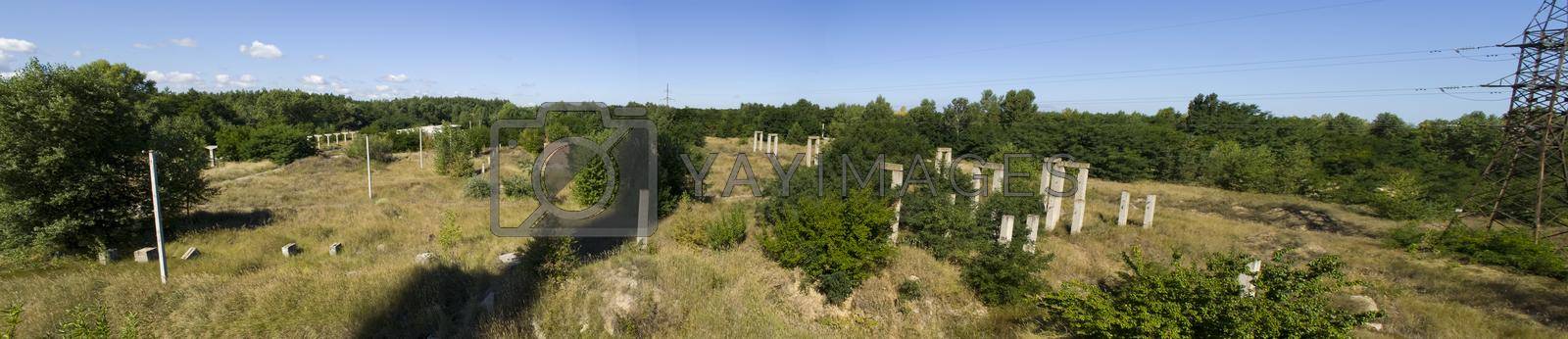 Royalty free image of panorama of piles of destroyed buildings overgrown with grass and trees. by DePo