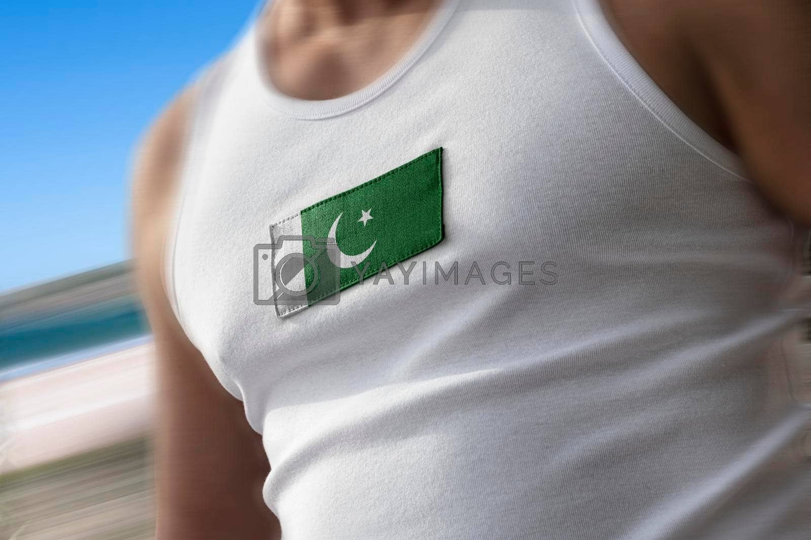 Royalty free image of The national flag of Pakistan on the athlete's chest by butenkow