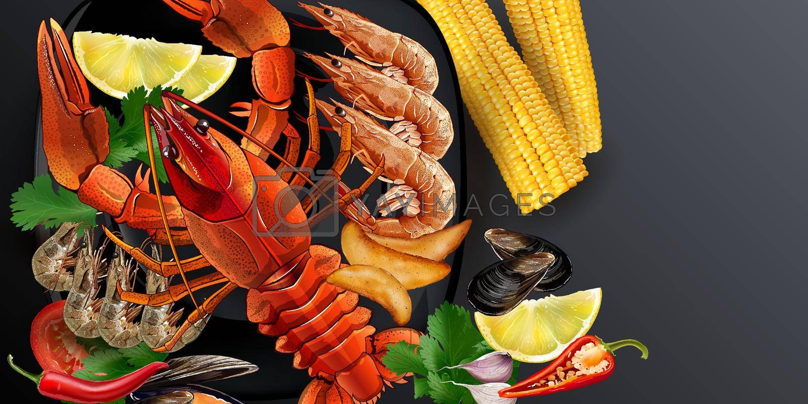 Royalty free image of Seafood dish with lobster, shrimps and corn cobs. by ConceptCafe